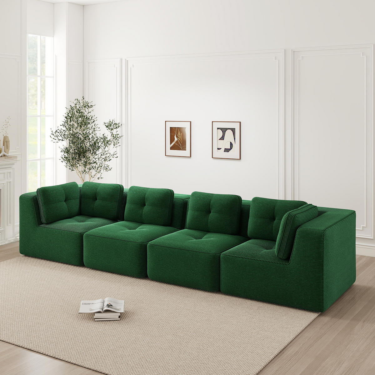 4-SITZER Sofa 386x104x69 cm aus Cordstoff rahmenlos modular, grün - Grün, Textil (104/69/386cm)