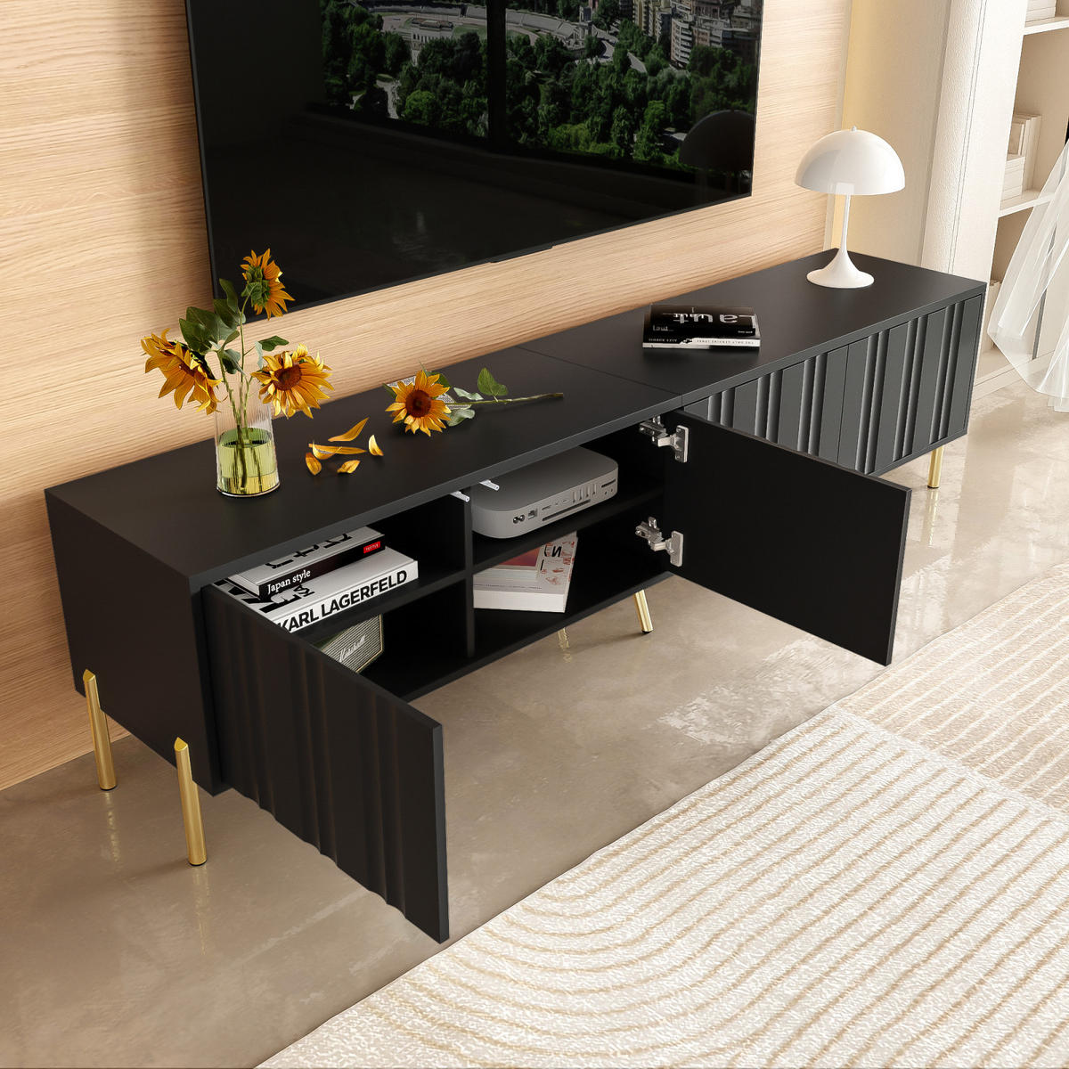 TV Lowboard 190x38x48 cm, goldene Füße, Rillenfront, Schwarz - Schwarz, Holz (190/48/38cm)