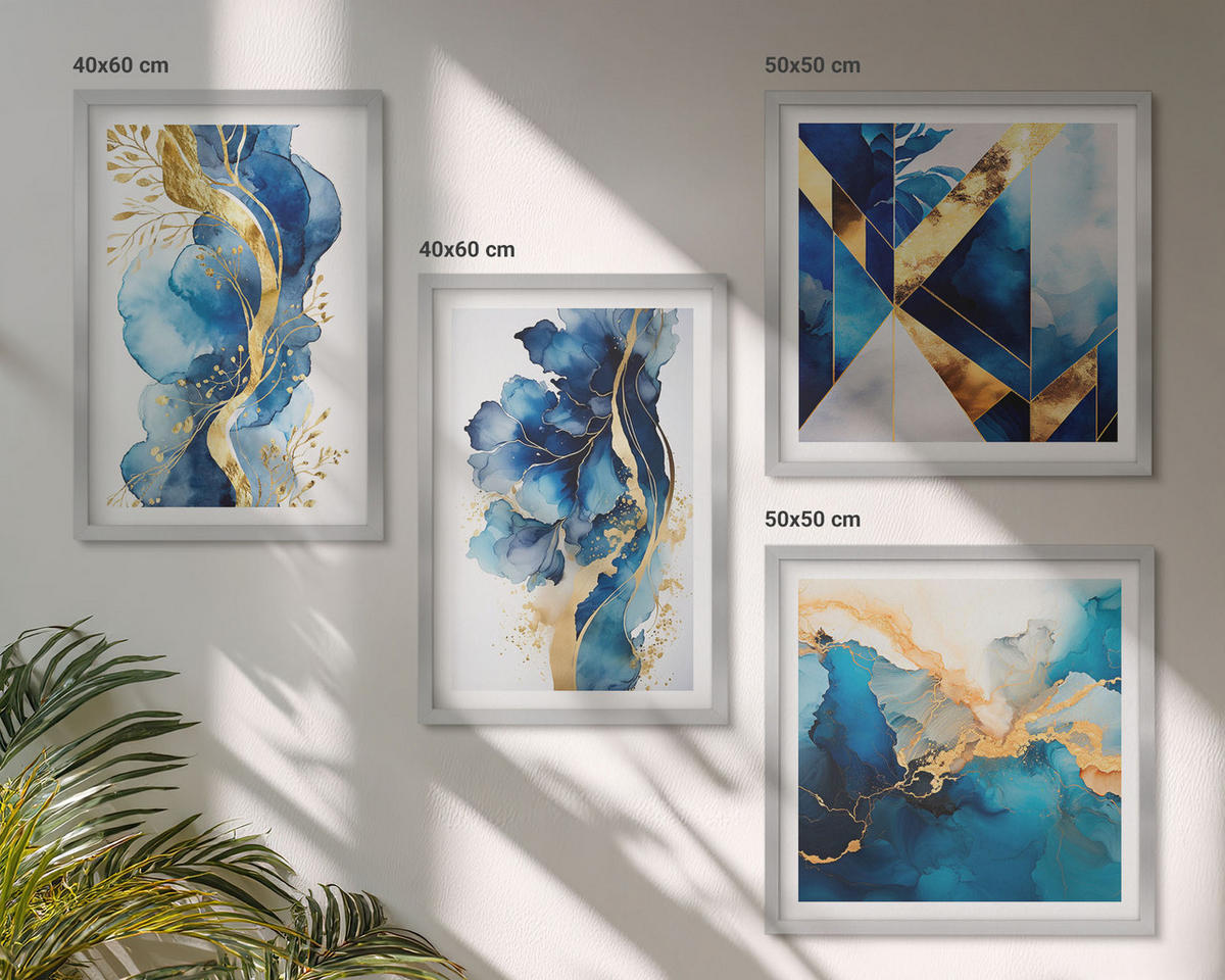 BILDER SET 4er Set - 50x50 cm & 40x60 cm Silberner Rahmen - Blaue abstrakte Muster - Silberfarben, Kunststoff (50/50cm) - TULUP