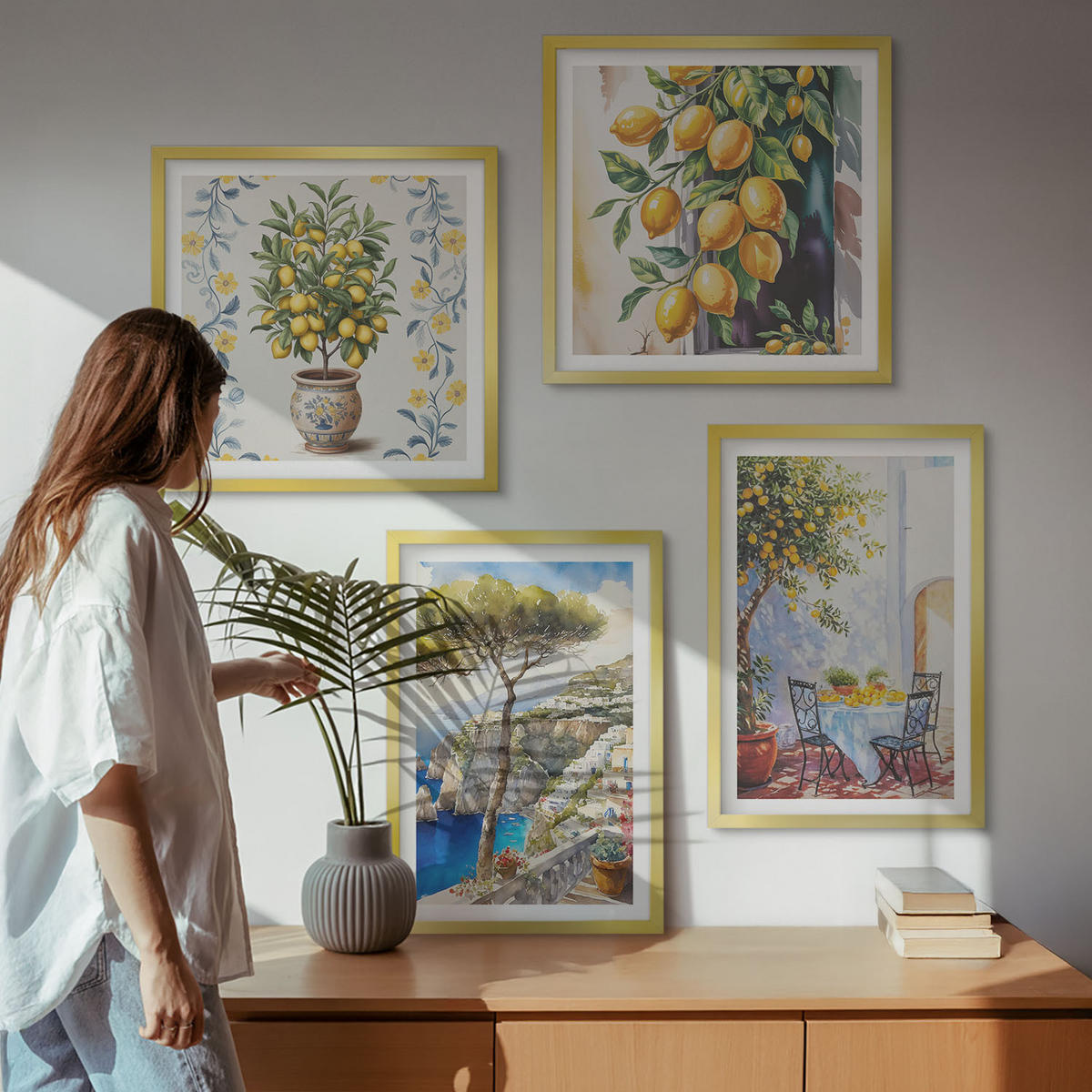 WANDBILDER 4er Set - 50x50 cm & 40x60 cm Goldrahmen - Zitronenbäume am Meer - Goldfarben, Kunststoff (50/50cm) - ArtPrintCave