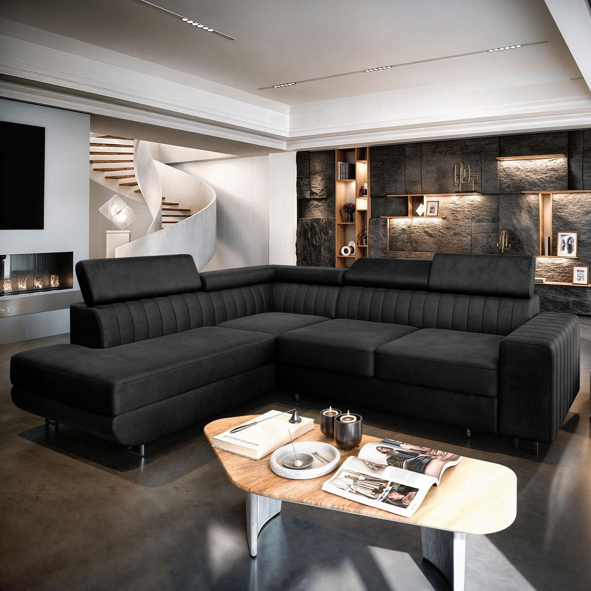 ECKSOFA NOLA L-S Schwarz Velours-Stoff mit Schlaffunktion - Schwarz, Holz (253/190cm) - MASSENO