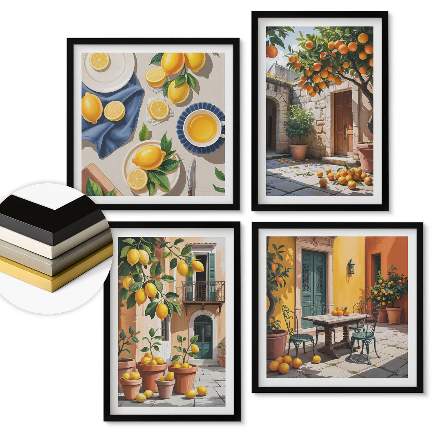 WANDBILDER 4er-Set - 50x50 cm & 40x60 cm Schwarzer Rahmen - Zitrusbäume in einem sonnigen Garten - Schwarz, Kunststoff (50/50cm) - ArtPrintCave