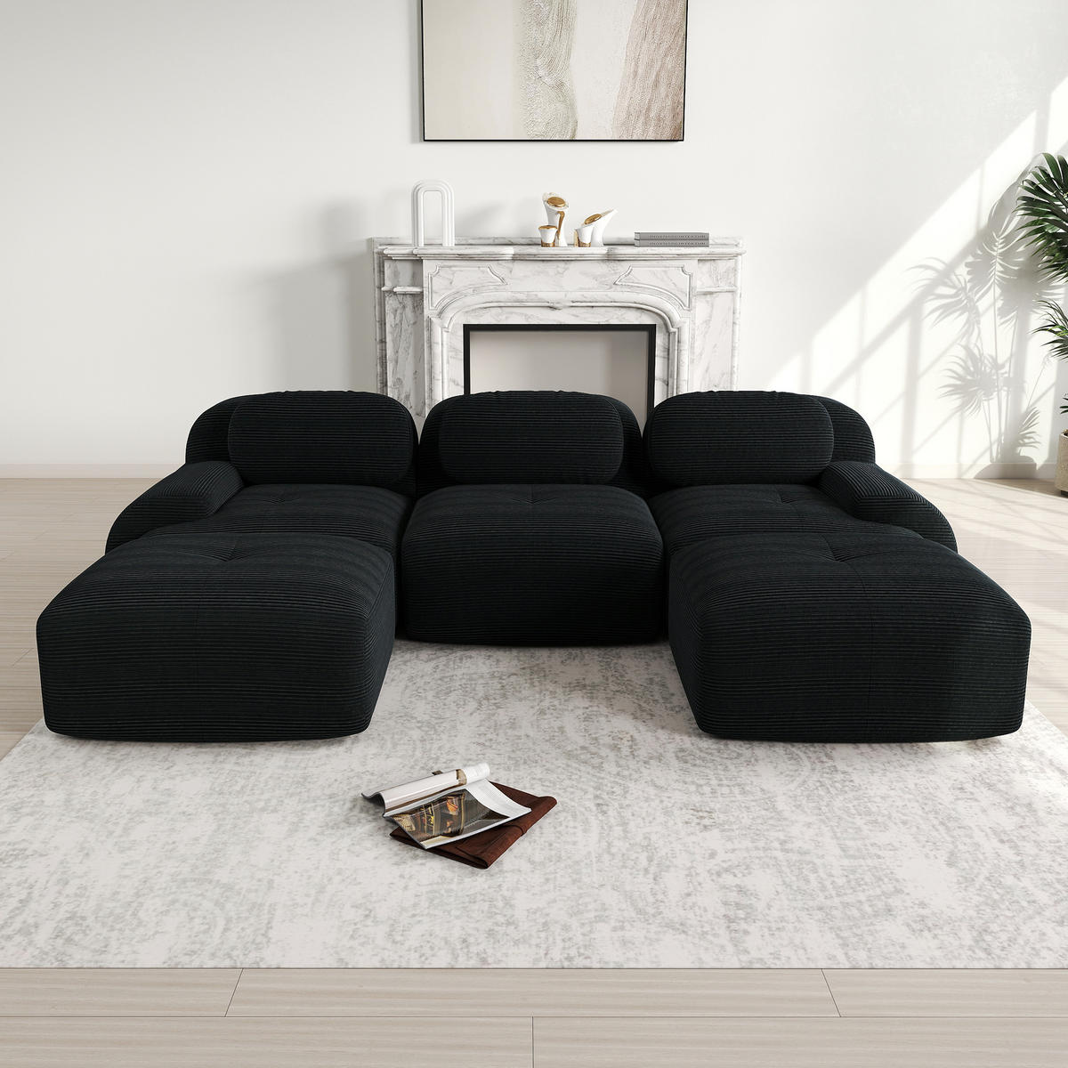 WOHNLANDSCHAFT Cord Schwarz montagefrei und rutschfest - Schwarz, Textil (298/75/178cm) - WISHDOR