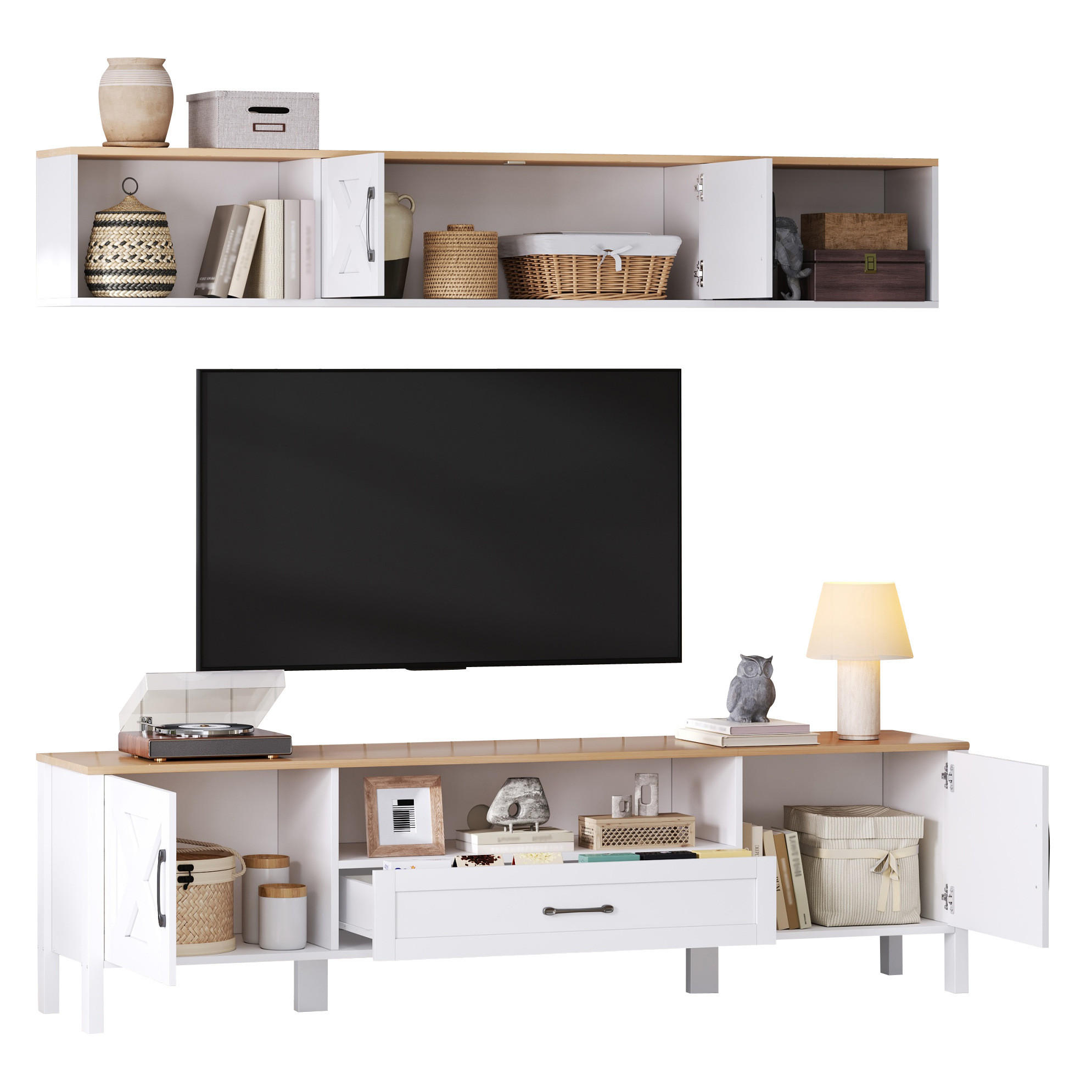 TV-WAND aus MDF 180x40x50 cm Weiß mit Hängevitrine, 4 Schränken und 1 Schublade - Weiß, Holzwerkstoff (180/50/40cm) - Modfu