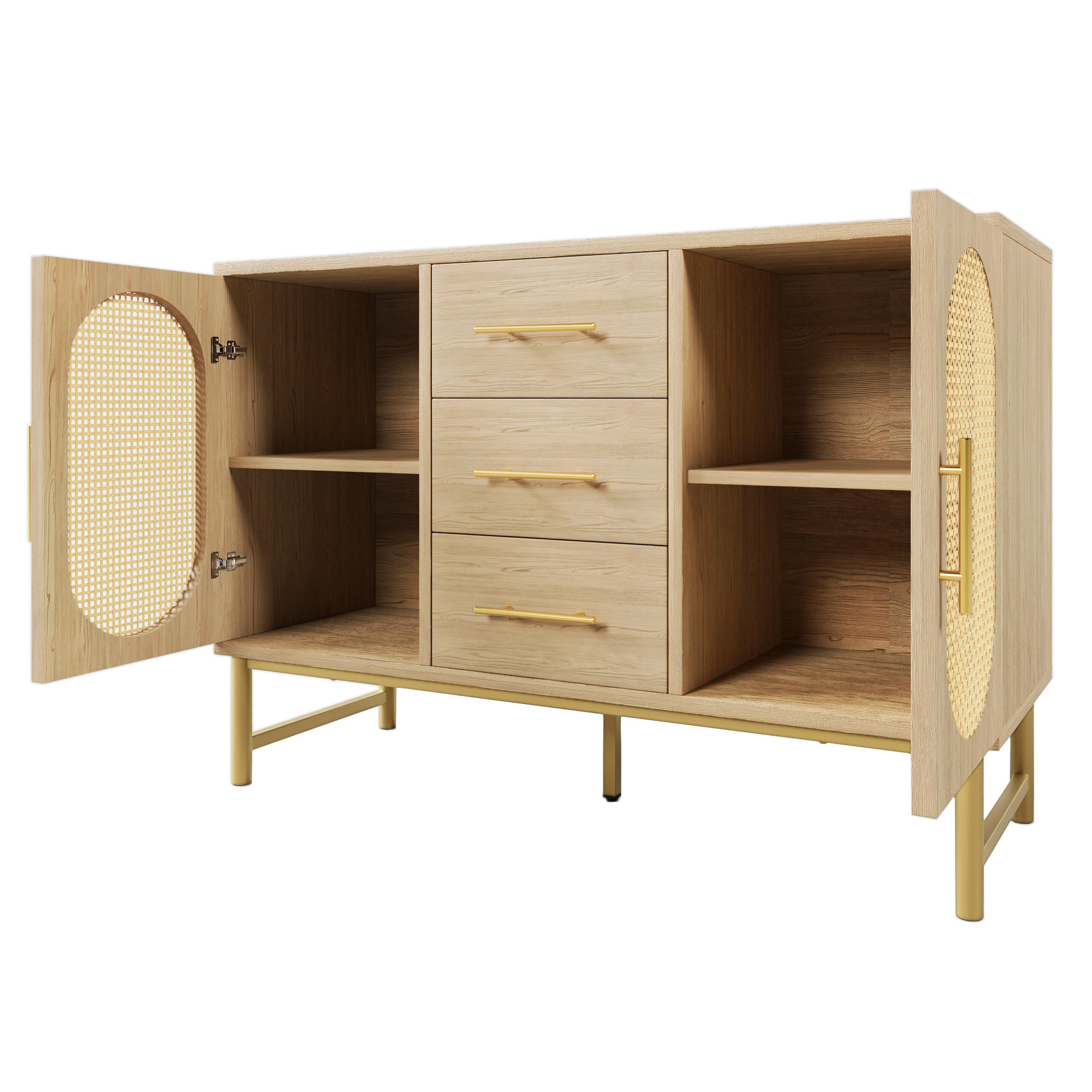 KOMMODE mit 2 Türen, 3 Schubladen, LED-Beleuchtung und Rattan-Optik, 120 x 40 x 74 cm, Eiche, Metall, Spanplatte - Eichefarben, Holzwerkstoff (120/74/40cm) - SONNENH