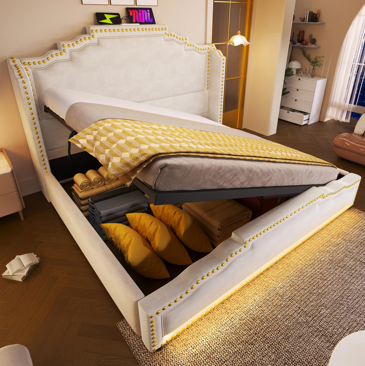 POLSTERBETT 140/200 cm Beige mit hydraulischem Stauraum und LED-Beleuchtung - Beige, Textil (140/200cm) - OKWISH