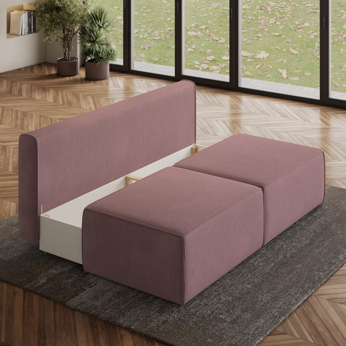 ECKSOFA VARNA P Lila Kordstoff mit Schlaffunktion - Lila, Holz (196/158cm) - MASSENO