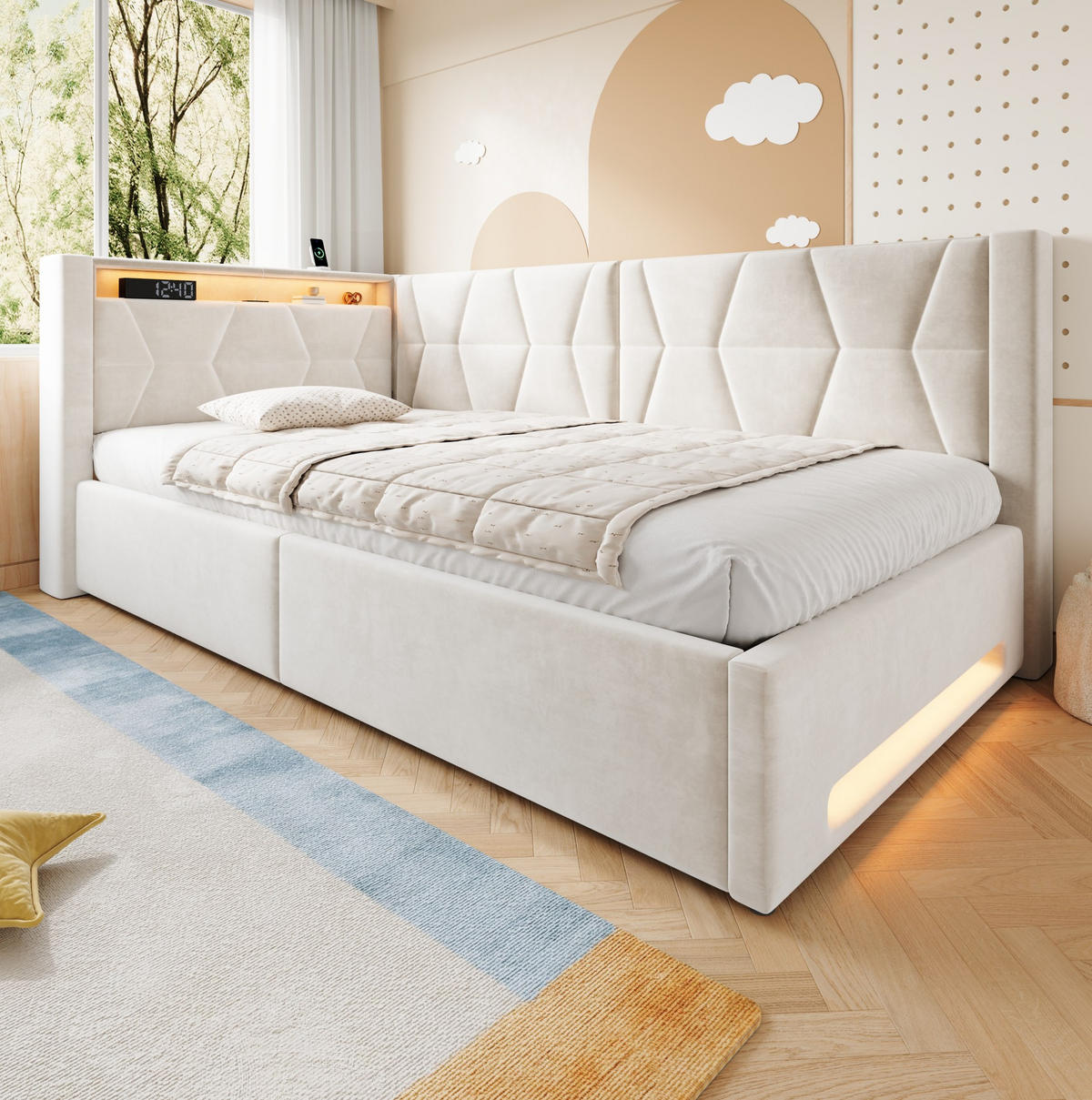 POLSTERBETT 90/200 cm in Beige mit Stauraum, LED-Beleuchtung und USB-Anschlüssen - Beige, Metall (90/200cm) - Flora Grace
