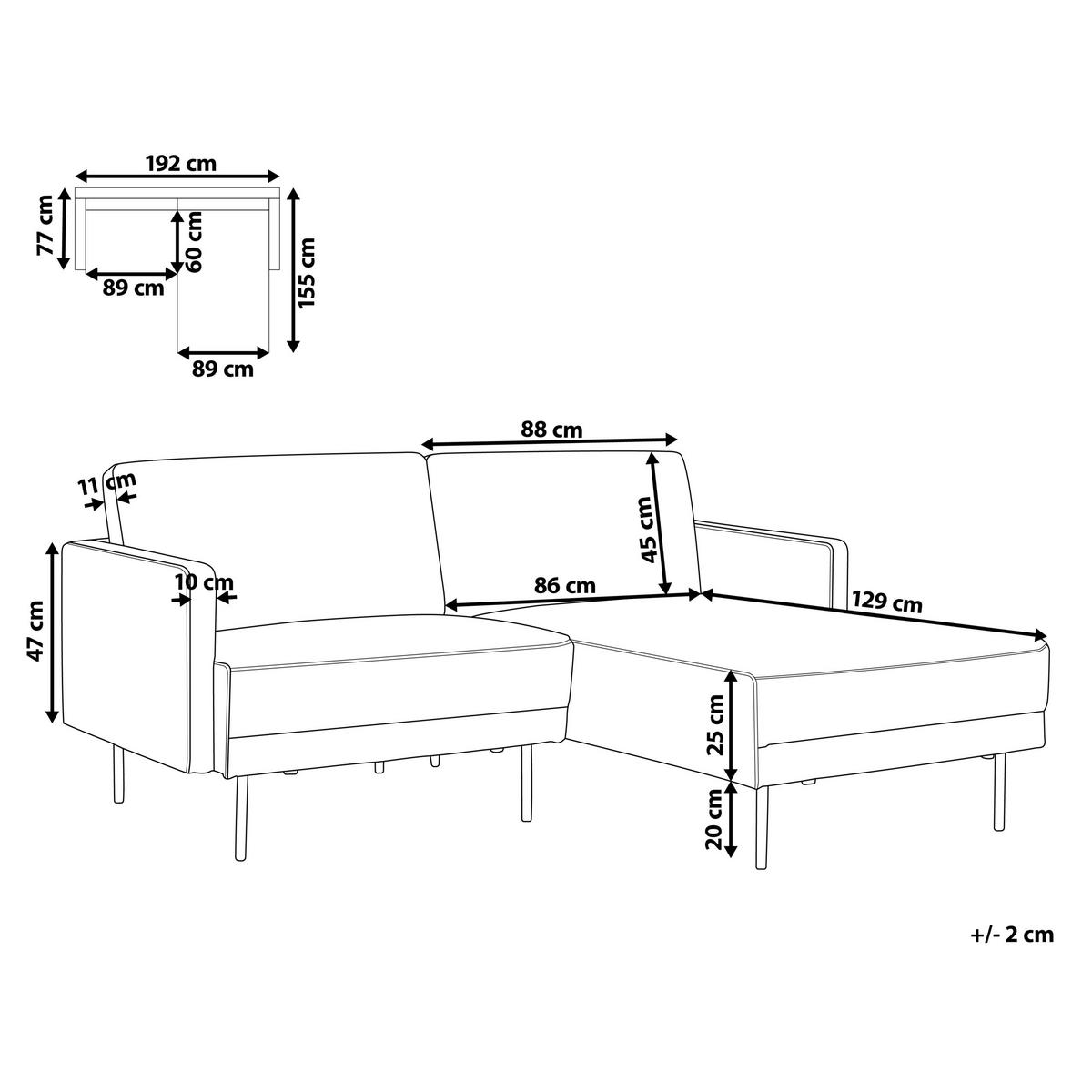 ROHOVÁ POHOVKA 2-místná Látka Černá levostranná Breda - černá, textil (192/155cm) - Beliani