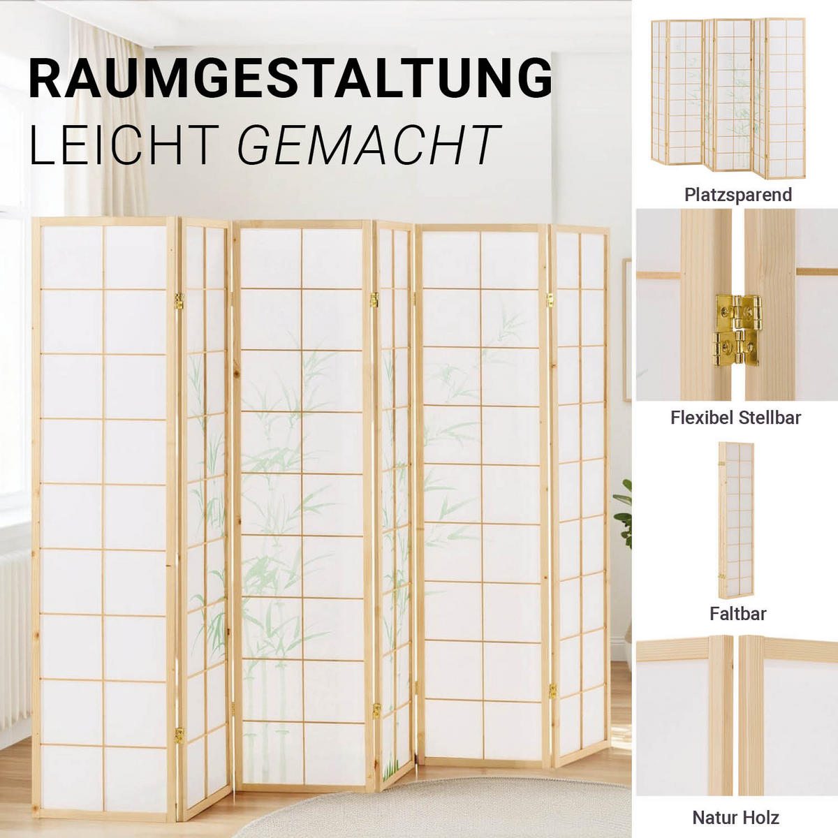 PARAVENT 264/179 cm Natur Holz Shoji Bambus - Naturfarben, Holz (220/175/2cm) - Homestyle4u