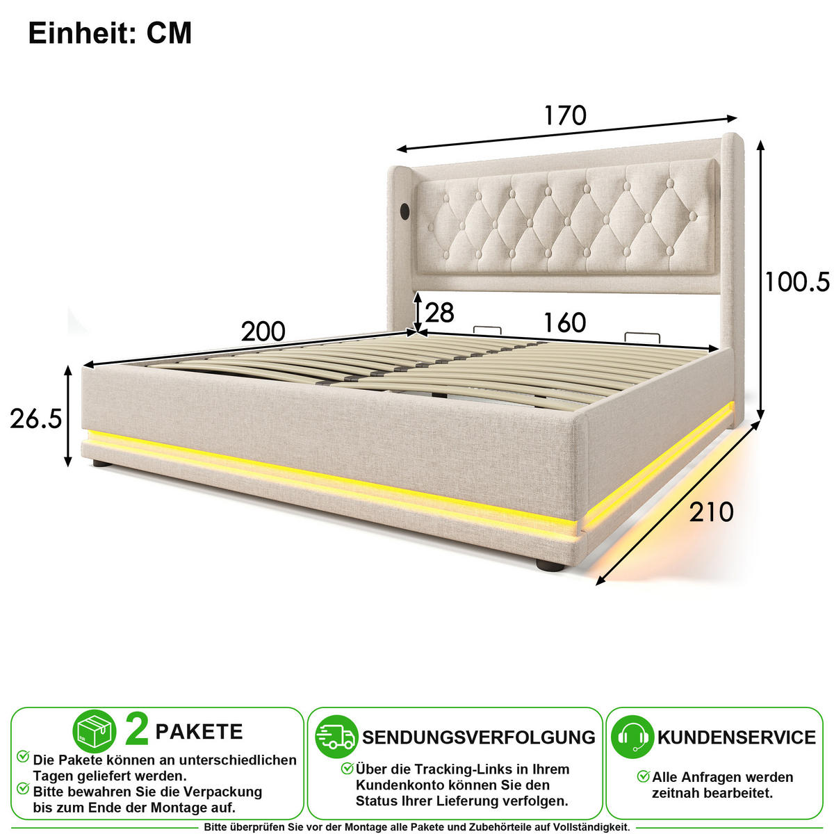 POLSTERBETT 160/200 cm in Beige mit Bettkasten, LED, USB und Type-C - Beige, Holzwerkstoff/Textil (160/200cm) - CHICFURN