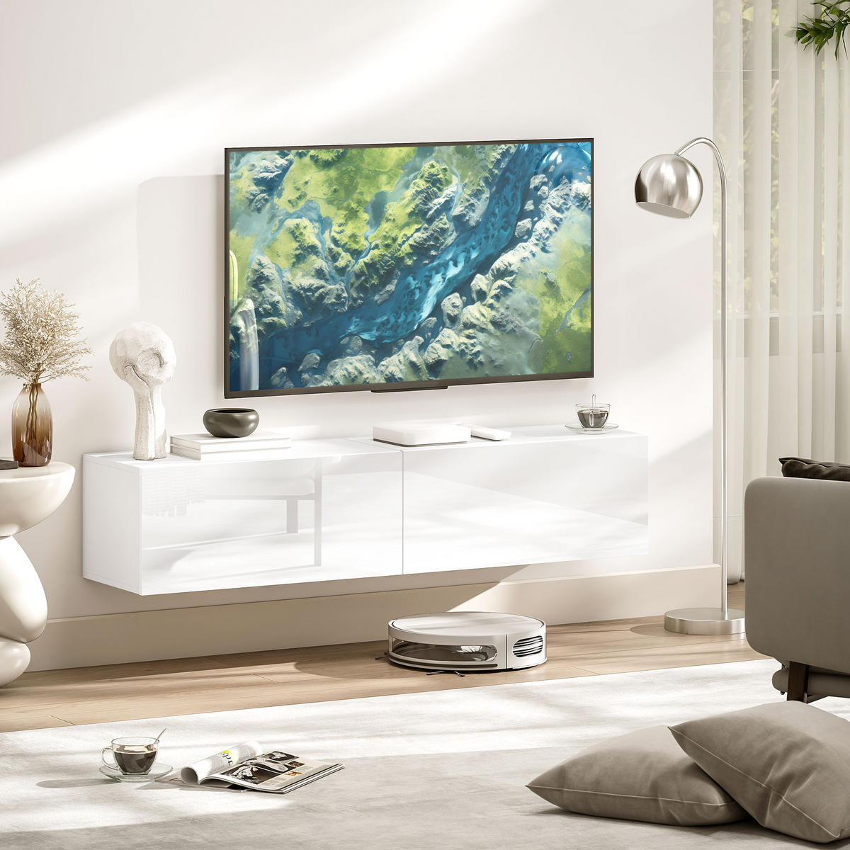 TV Schrank hängend 140 cm TV Board für Fernseher bis zu 65 Zoll mit Stauraum - Weiß, Holzwerkstoff (33/29.8/140cm) - HOMCOM
