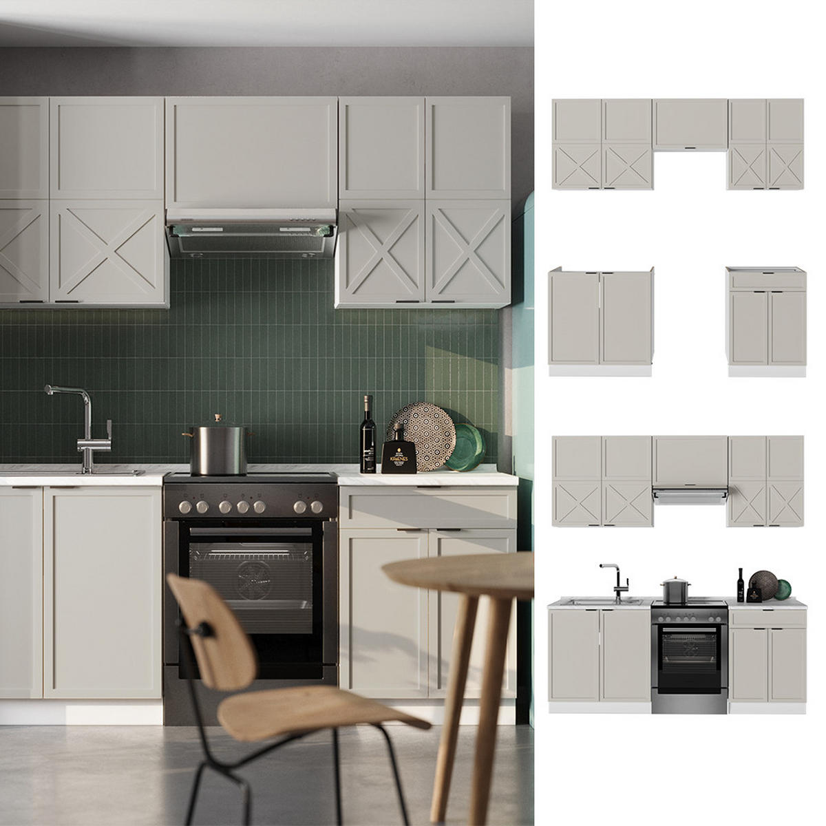 KÜCHENZEILE Fame-Line GrauBeige/Weiß 200 cm, AP Marmor - Weiß/Grau, Holzwerkstoff (200/81.6/60cm) - Vicco