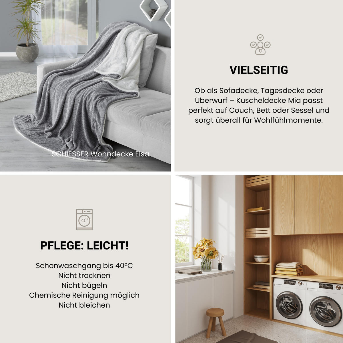 WOHNDECKE Mia - Velvet Soft - 150 x 200 cm - Dunkelgrau - Dunkelgrau, Textil (150/200cm) - SCHIESSER