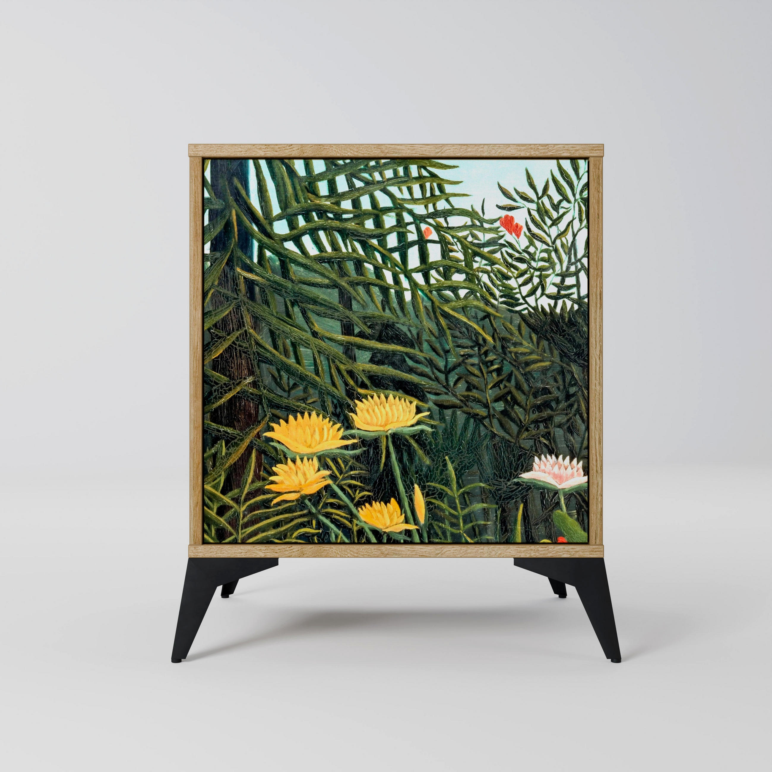 SIDEBOARD VIRGIN FOREST WITH SUNSET, Eichefarben, 57,5x42x70,5 cm, Schwarze Metall-Sternfüße - Eichefarben/Multicolor, Holzwerkstoff/Metall (57.5/70.5/42cm) - SpaceRebels