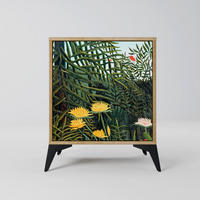 SIDEBOARD VIRGIN FOREST WITH SUNSET, Eichefarben, 57,5x42x70,5 cm, Schwarze Metall-Sternfüße - Eichefarben/Multicolor, Holzwerkstoff/Metall (57.5/70.5/42cm) - SpaceRebels