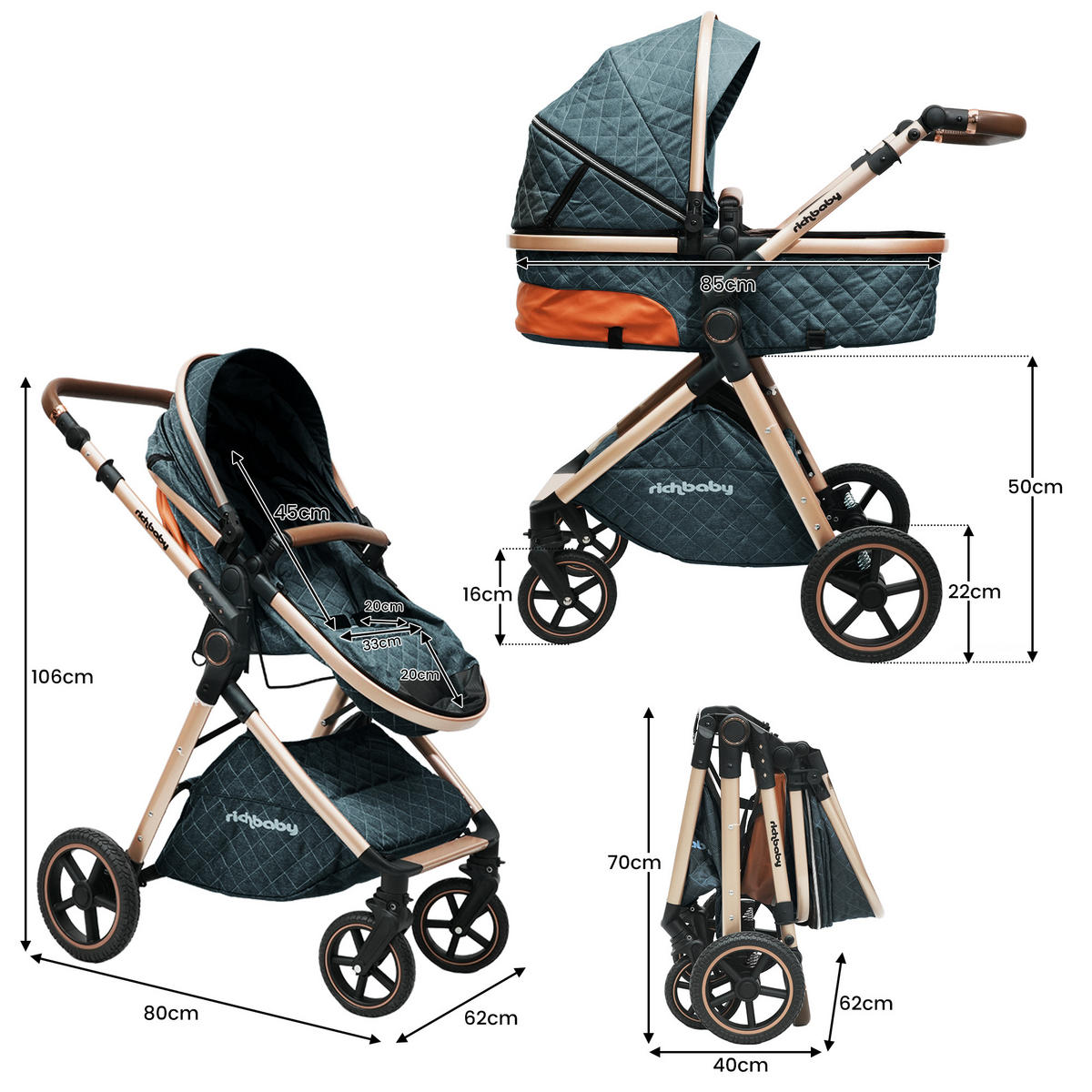 BUGGY Kombikinderwagen 2-in-1 mit wendbarer Sitzeinheit und All-Terrain-Federung - Blau, Metall (80/62/106cm) - Raelunyi