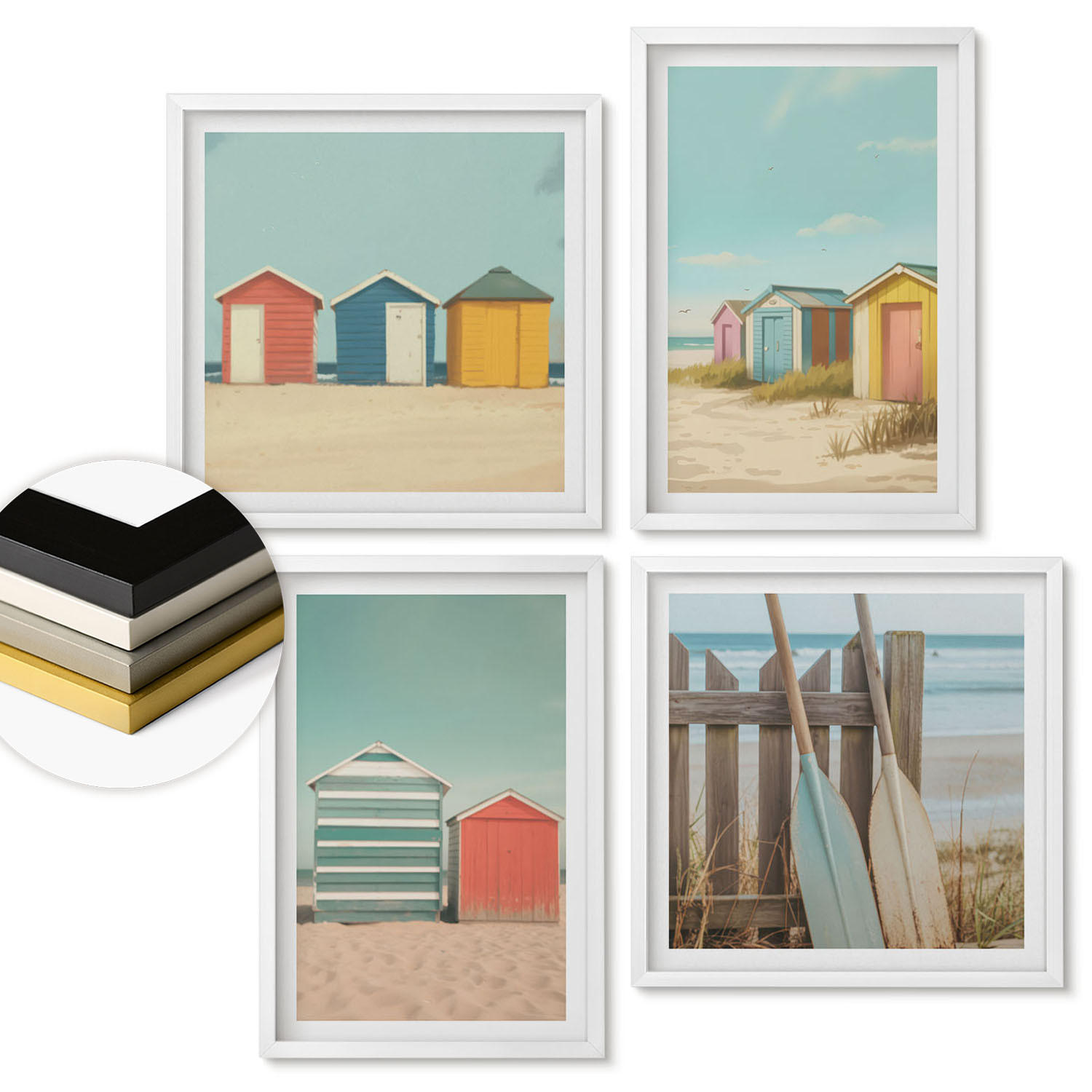 WANDBILDER 4er-Set - 50x50 cm & 40x60 cm Weißer Rahmen - Bunte Strandhäuser - Weiß, Kunststoff (50/50cm) - ArtPrintCave