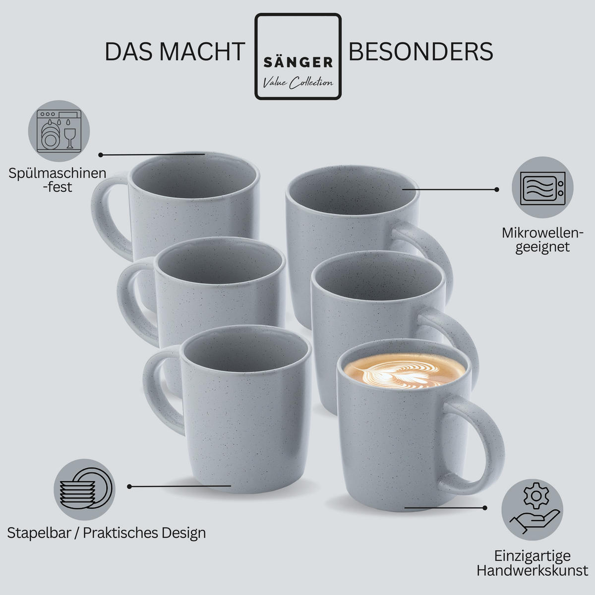 KAFFEEBECHER LEEDS STERLING - 6 teilig aus Steingut - Hellgrau, Stein (0.38L) - Sänger