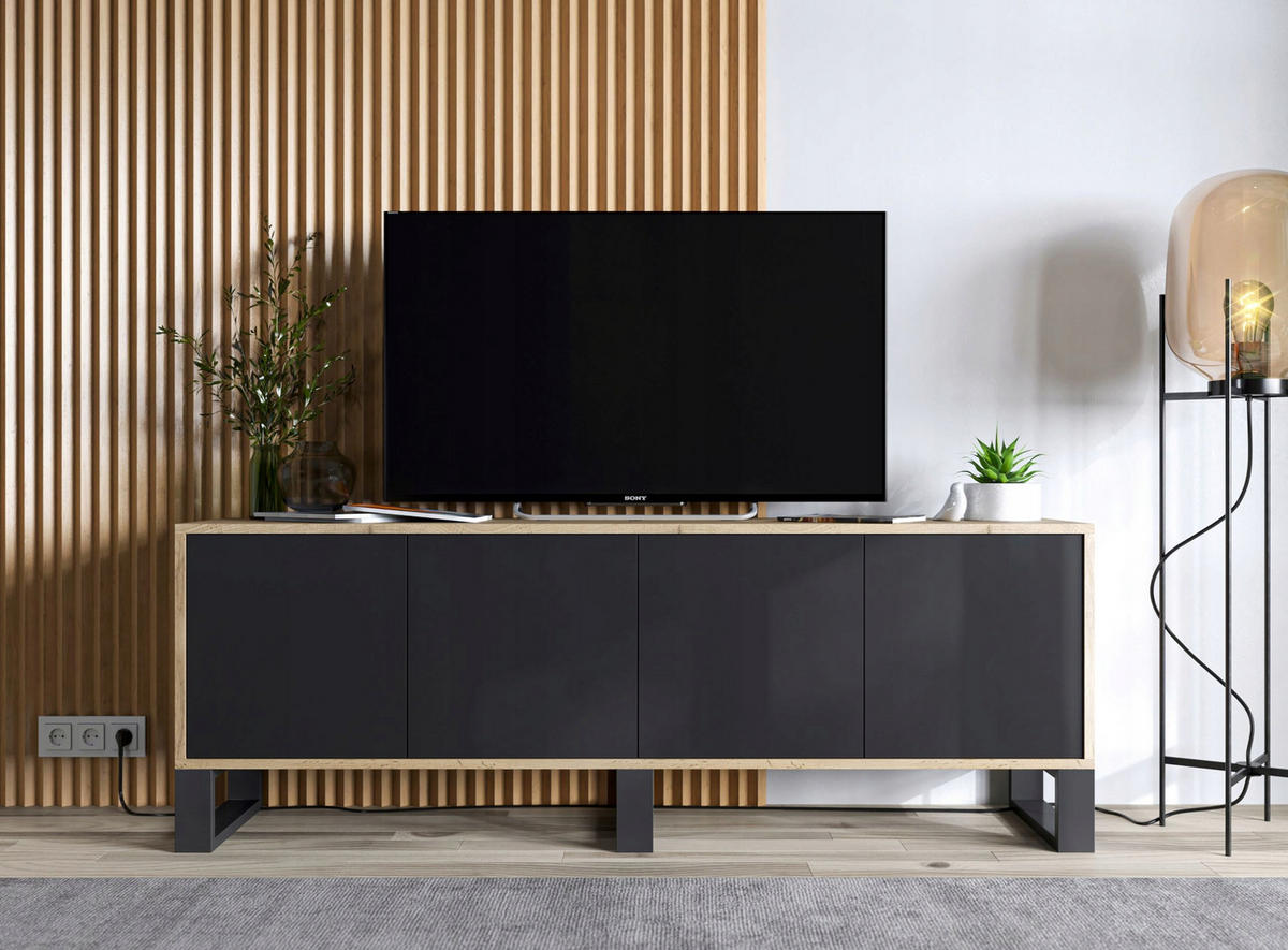 TV-SCHRANK Apollo2 Eiche wotan Schwarz Matt mit Metallbeinen 150/53/35 cm - Schwarz, Holzwerkstoff/Metall (150/53/35cm) - Meble Lindner