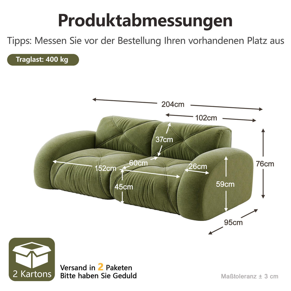 2-SITZER-SOFA DE-34276 modular Grün - Grün, Textil (95/76/204cm) - ComfortXL
