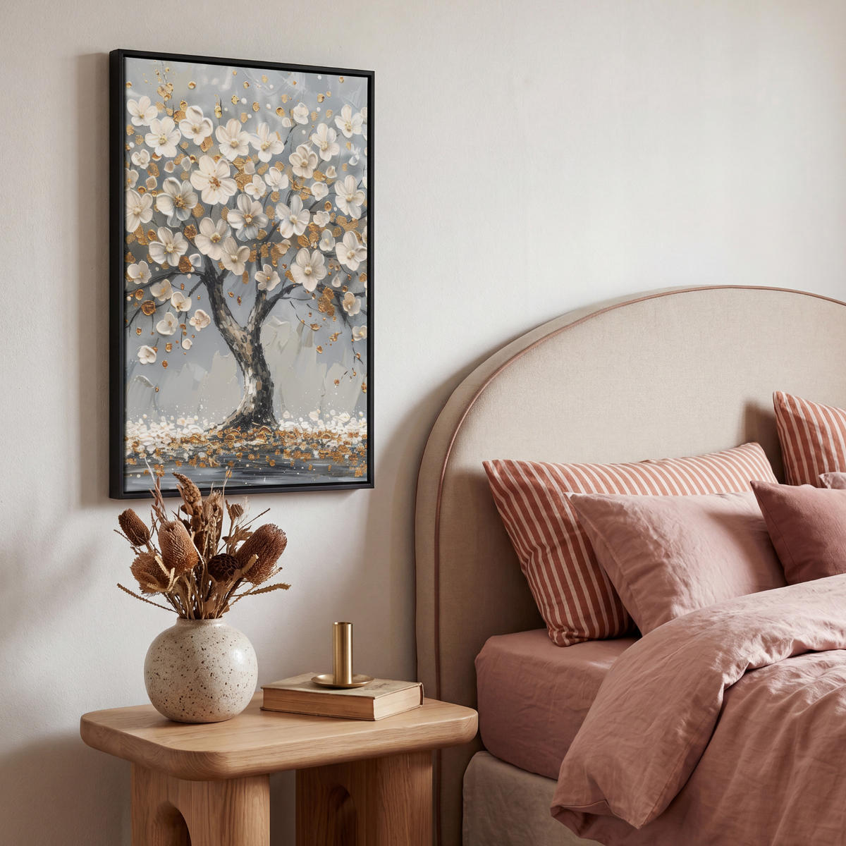 LEINWAND Bilder mit Rahmen - Baum - Blumen - Weiß - Natur - Kunst - 40x60 - Weiß, Textil (40/60cm) - MuchoWow