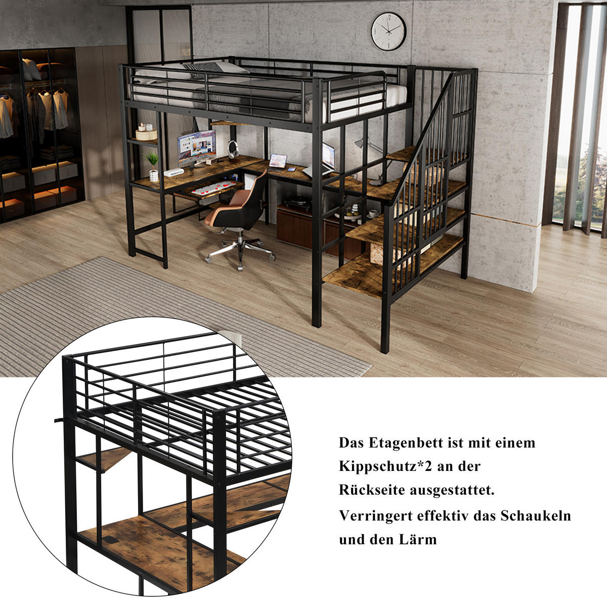 HOCHBETT 120x200 cm in Schwarz/Dunkelnussbaum mit Schreibtisch, Ecktreppe und Ladeanschluss - Schwarz, Metall (120/200cm) - IVMEU