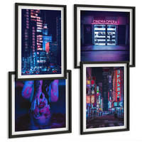 BILDER SET 4er Set - 50x50 cm & 40x60 cm Schwarzer Rahmen - Nachtstadt mit Neonlichtern - Schwarz, Kunststoff (50/50cm) - TULUP