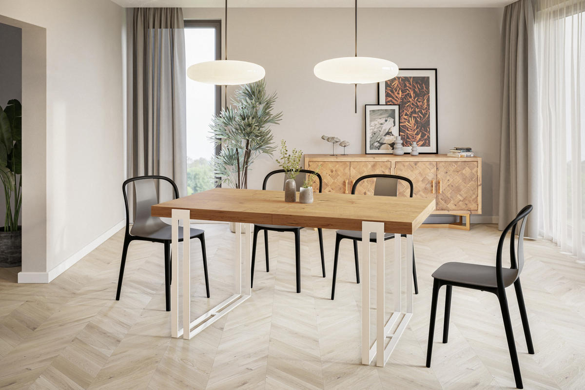 ESSZIMMERTISCH ROSA, ausziehbarer Tisch 140-240X80X77 cm, Farbe: LANCELOT, mit Metallbeinen in Farbe Weiß - Beige/Weiß, Holzwerkstoff (140/80/77cm) - Alpi-Möbel