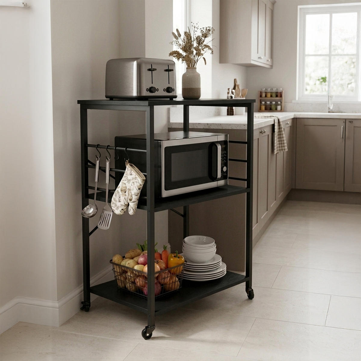 VOZIČEK za postrežbo - črna, kovina/leseni material (60/89/40cm) - Relaxdays