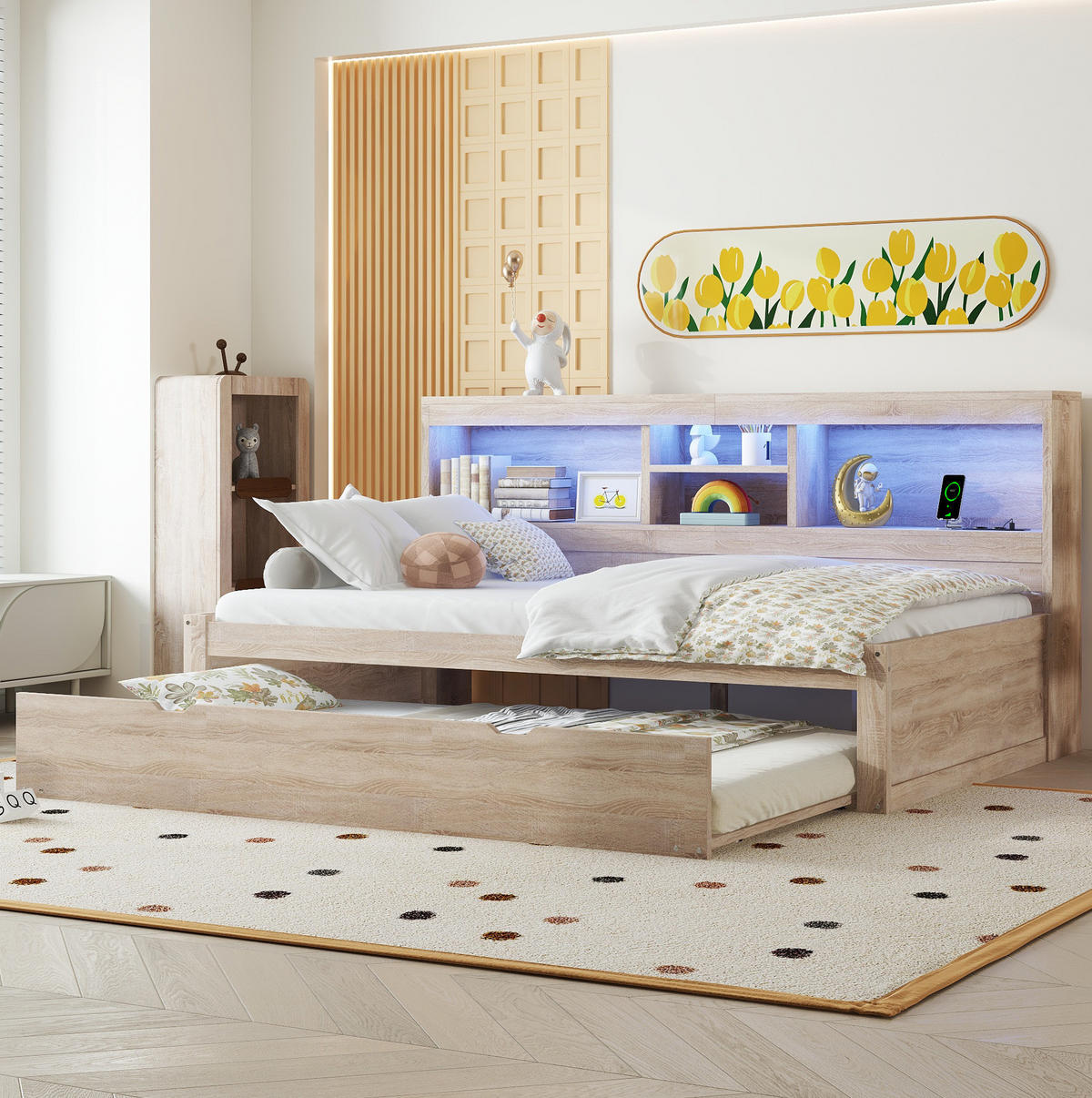TAGESBETT aus Spanplatte und MDF 90x200 cm Natur mit Ausziehbett, Ambientebeleuchtung und USB-Anschluss - Naturfarben, Holzwerkstoff (90/200cm) - IVMEU
