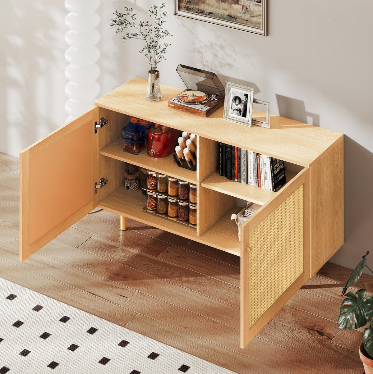 PŘÍBORNÍK z MDF 120x63x40 cm přírodní se 2 dvířky, ratanovým výpletem a kovovými nohami - přírodní, kompozitní dřevo (120/63/40cm) - Modfu