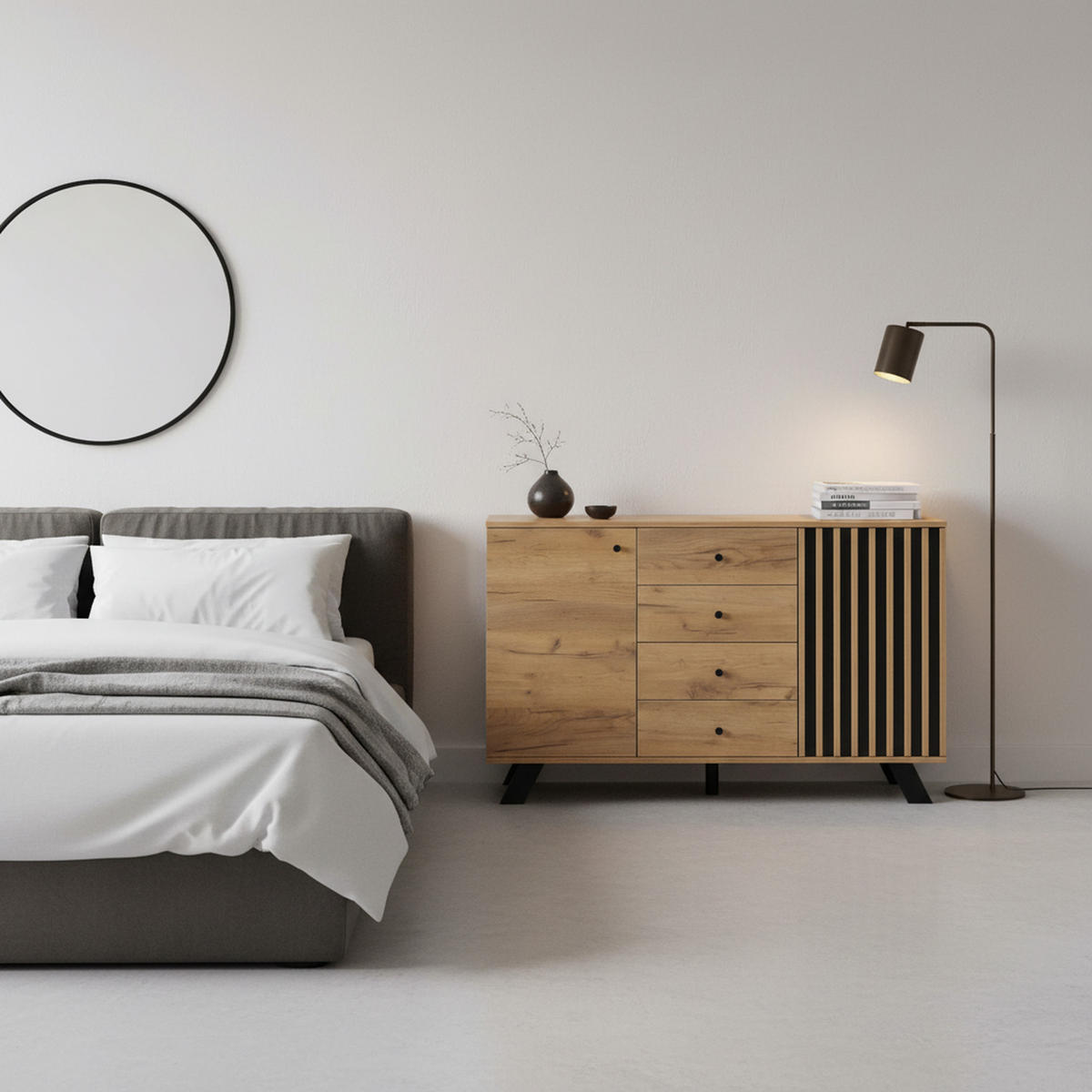 SIDEBOARD 2 Schränke, 4 Schubladen, Hohldekor, Holzfarbe & Schwarz 5 Massivholzbeine, Viel Stauraum - Sonoma Eiche, Holzwerkstoff (120/75/38cm) - Urban Meuble