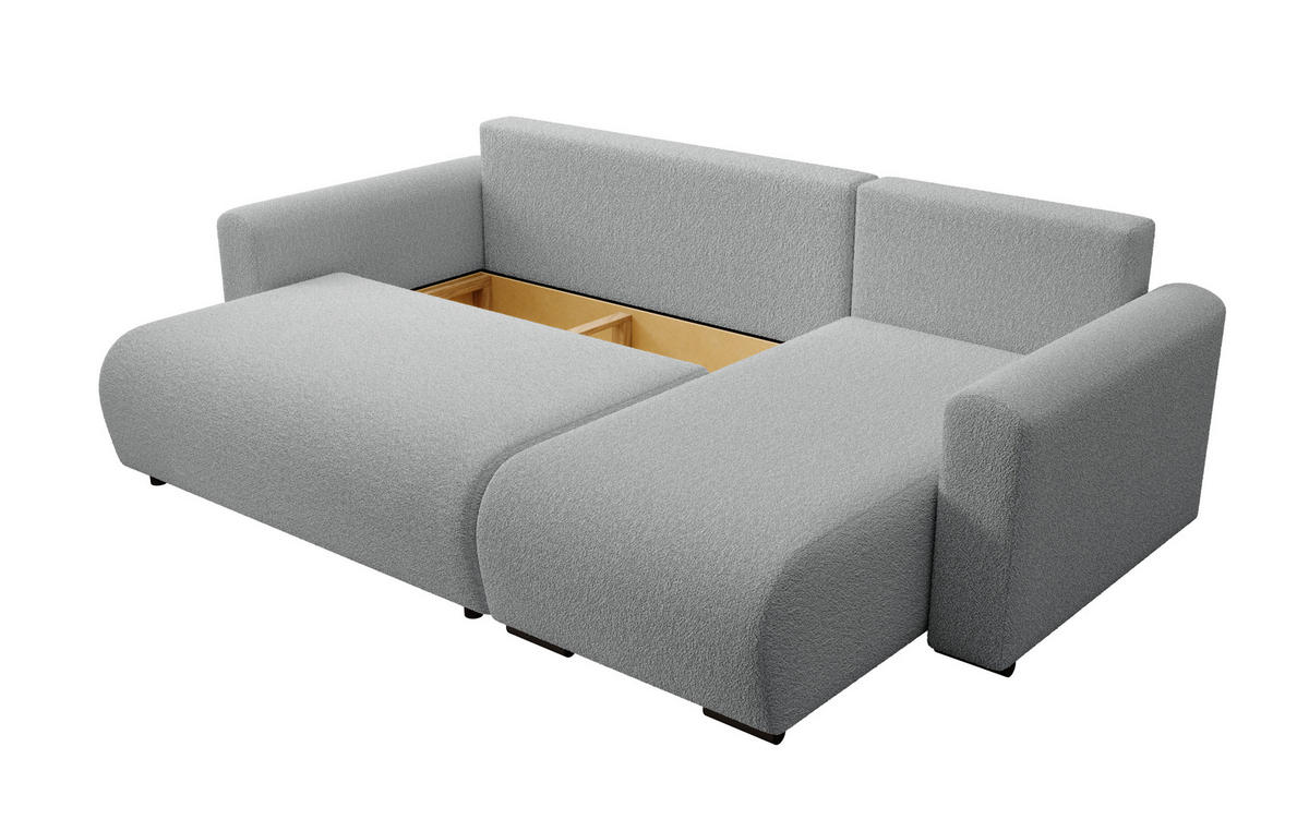ECKSOFA DORA L, Eckcouch in L-Form mit Schlaffunktion und Bettkasten, Farbe: Grau, Bouclé-Stoff, Ottomane Rechts - Grau, Textil (240/143cm) - Storez24