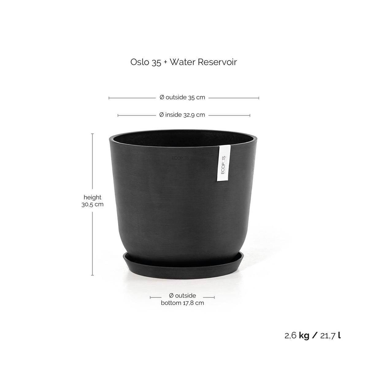 BLUMENTOPF mit Wasserreservoir Oslo 35/30,5 cm Dunkelgrau - Dunkelgrau, Kunststoff (35/30.5cm) - Ecopots