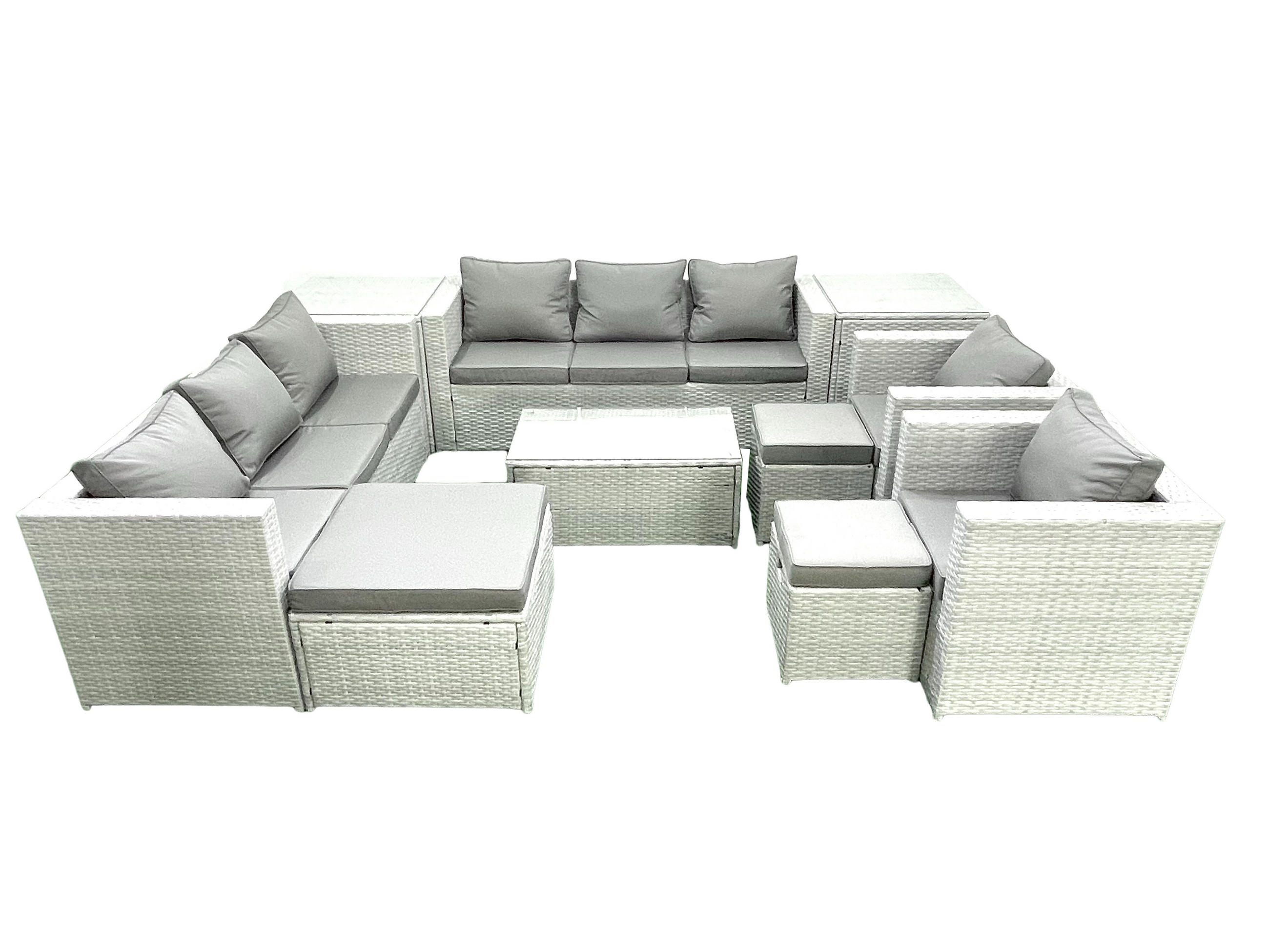 GARTENGARNITUR mit 3-SITZER SOFA,COUCHTISCH Polyrattan Hellgrau-Mix 11-Sitzer - Hellgrau/Grau, Glas/Kunststoff - Fimous