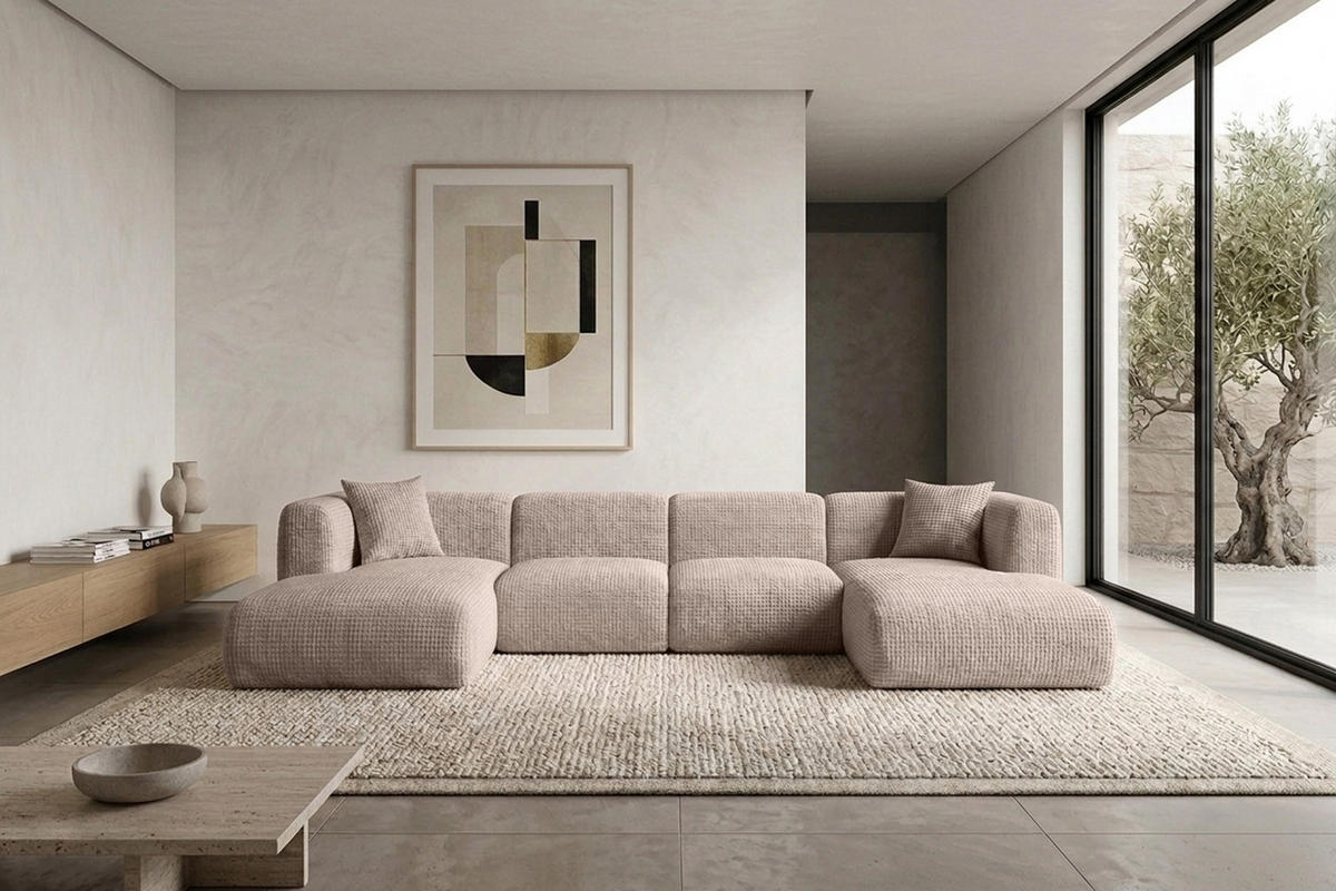ECKSOFA U-Form, Chenille-Stoff Cremona, Beige, GRETA - Beige, Holz (408/70/179cm) - Kaiser Möbel