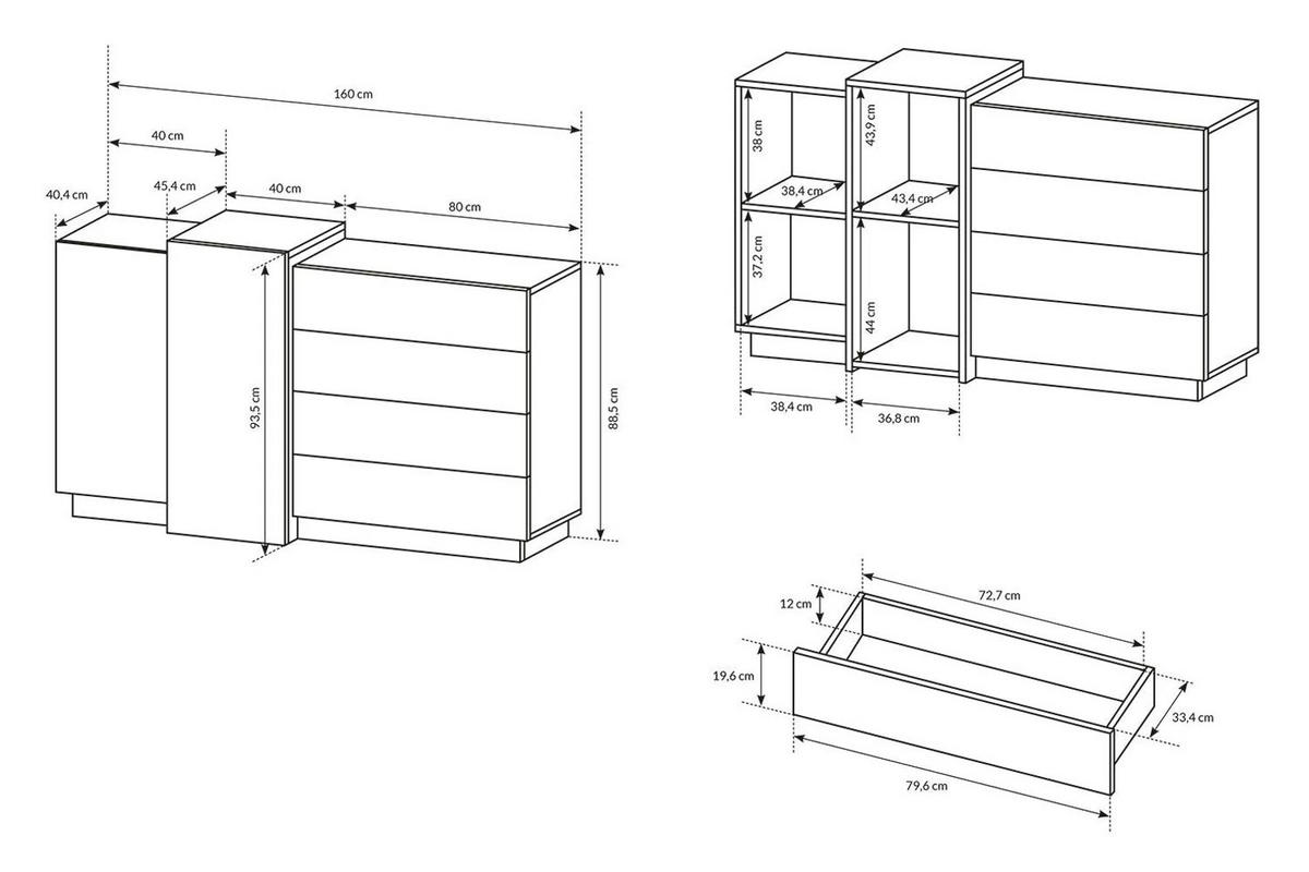 KOMMODE 3D weiß / Gold Craft Eiche 160cm / 45 cm / 93,5 cm - Eichefarben/Weiß, Holz/Holzwerkstoff (160/93/45cm) - Feldmann-Wohnen