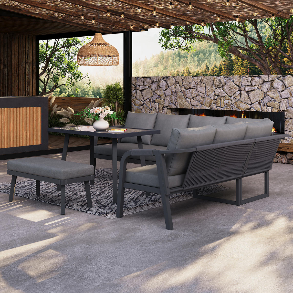 GARTEN-ESSGRUPPE mit Ecksofa, Esstisch und Bank für 8 Personen, Seilgeflecht und Glasplatte, Grau - Grau, Holzwerkstoff - Redom