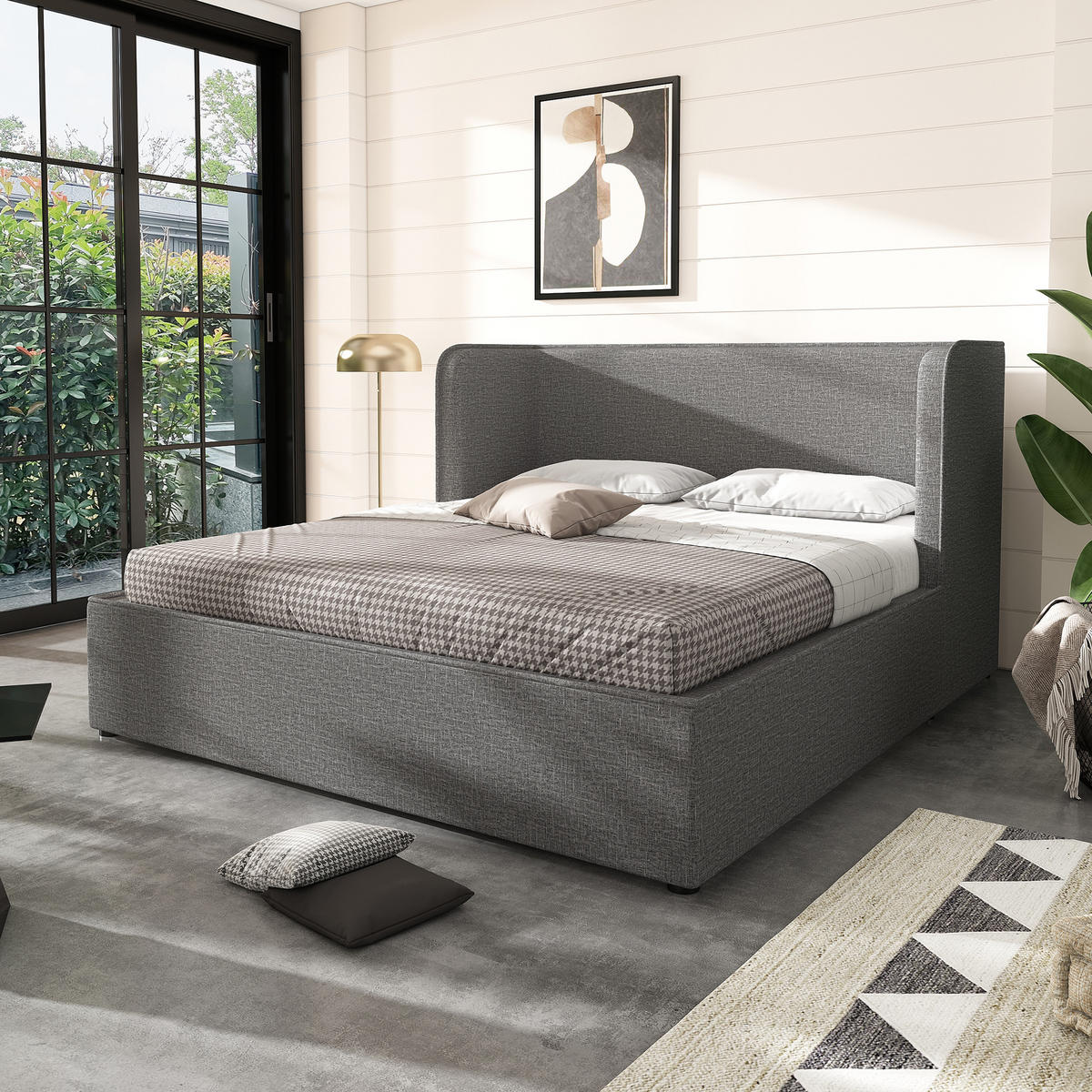 POLSTERBETT 160x200cm Doppelbett Hydraulik-Stauraum Leinen Bezug Grau - Grau, Holz - FLIEKS