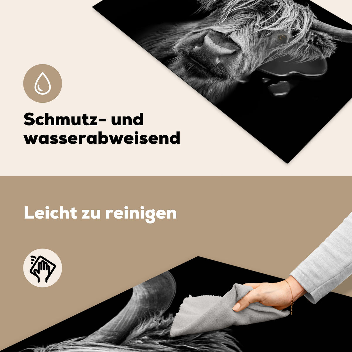 HERDABDECKPLATTE Schottischer Highlander - Hörner - Schwarz - Weiß - Kuh - Wild - Tiere Induktionsschutz 91.6x52.7 cm - Schwarz, Kunststoff (91.6/52.7/0.2cm) - MuchoWow