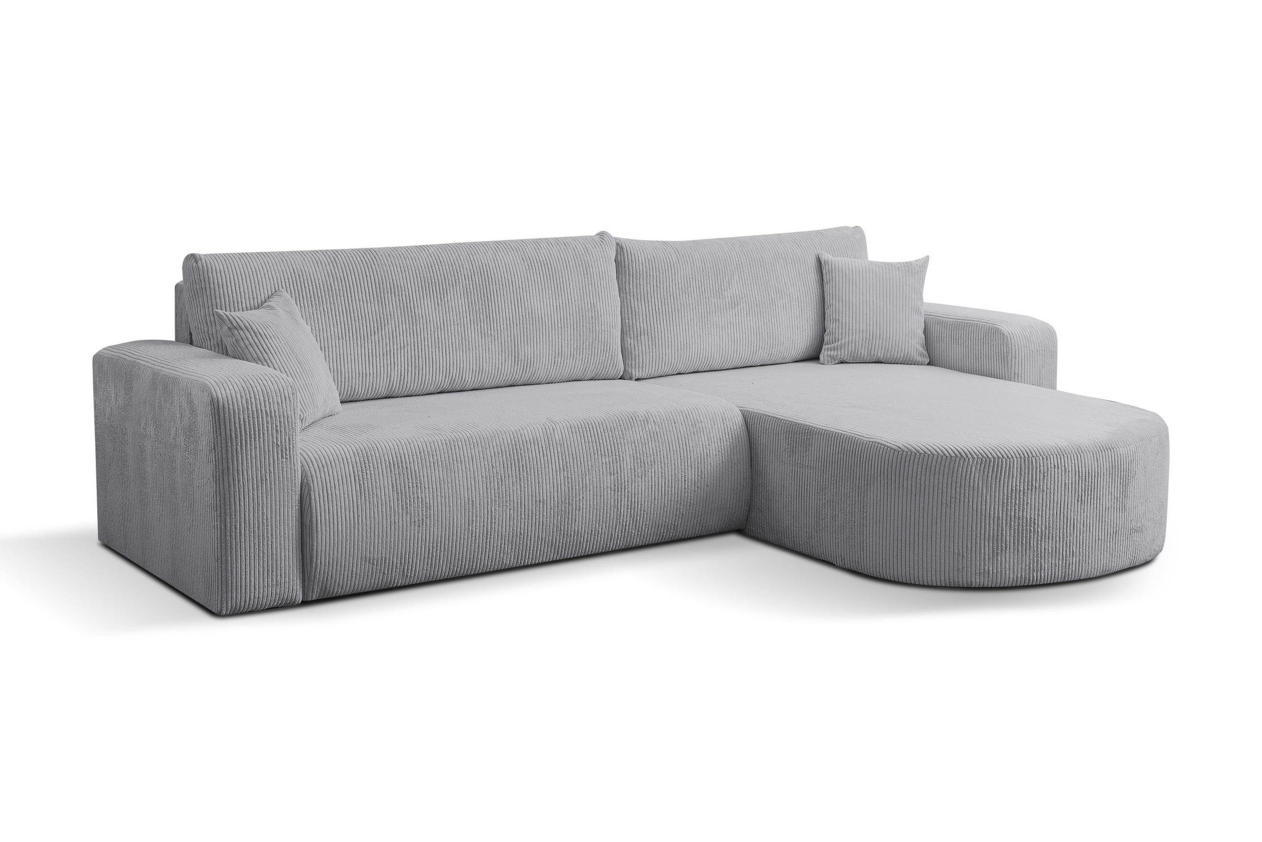 ECKSOFA TOKIO mit Schlaffunktion und Bettkasten, Farbe: Grau, Cordstoff, Ottomane Universal - Grau, Textil (275/170cm)