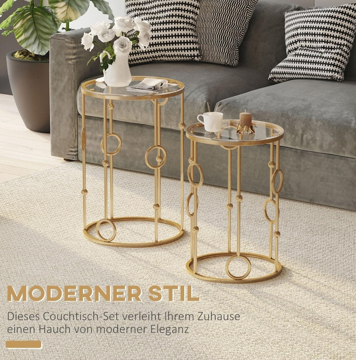 BEISTELLTISCH 2er-Set 41/57 cm in Gold mit Glasplatte und Nesting-Funktion - Goldfarben, Metall (41/41/57cm) - Flora Grace