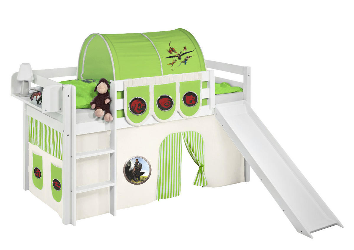 SPIELBETT JELLE Dragons Grün - Hochbett - mit Rutsche und Vorhang - Weiß, Holz - Lilokids