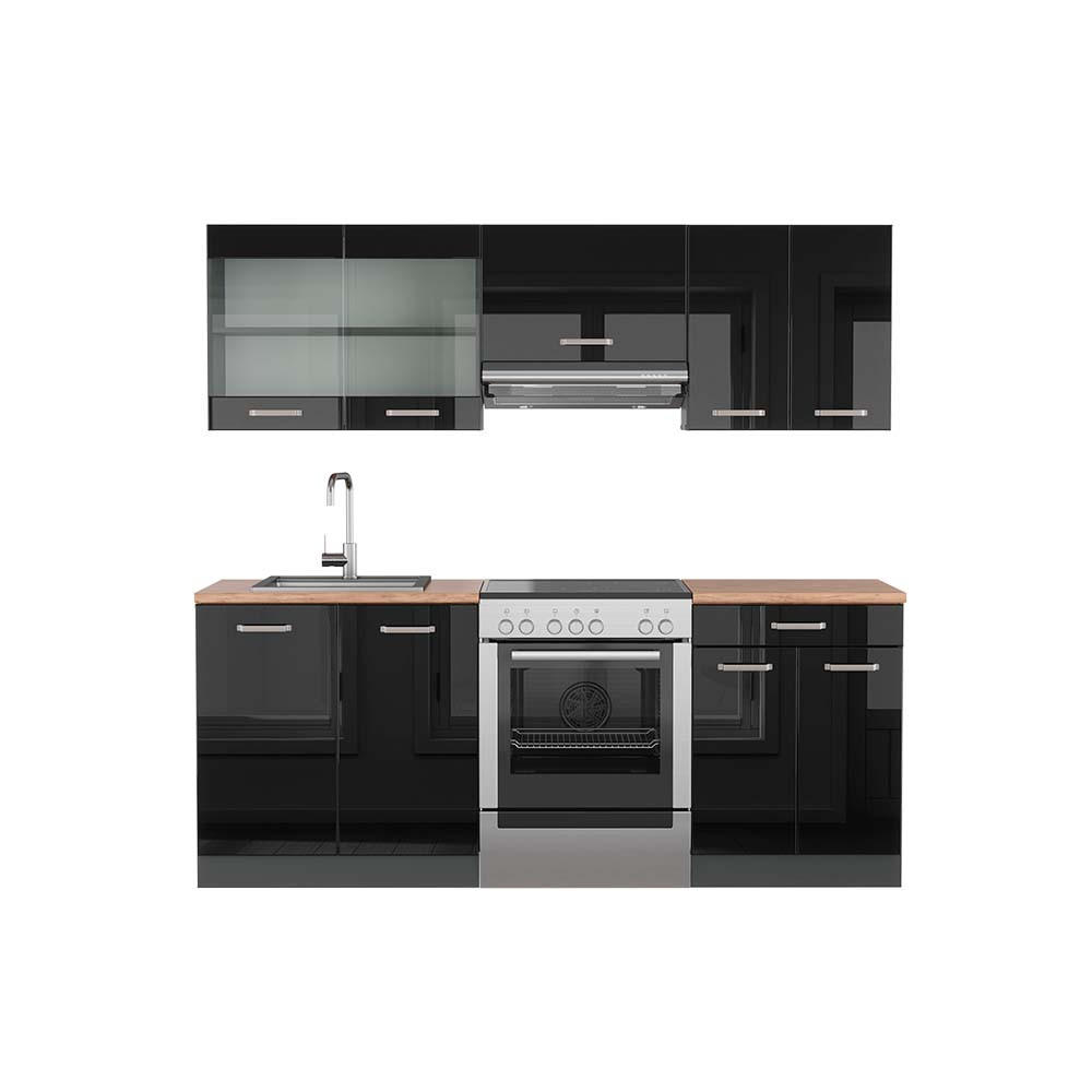KÜCHENZEILE R-Line Schwarz Hochglanz/Anthrazit 200 cm, AP Eiche - Schwarz Hochglanz/Anthrazit, Holzwerkstoff (200/81.6/60cm) - Vicco