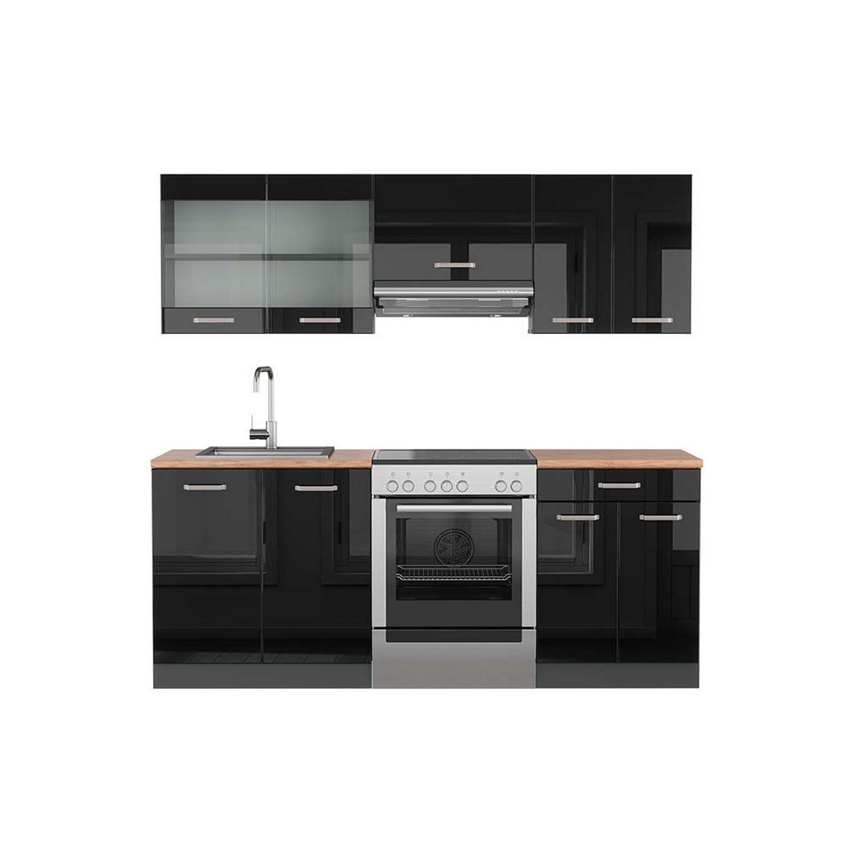 KÜCHENZEILE R-Line Schwarz Hochglanz/Anthrazit 200 cm, AP Eiche - Schwarz Hochglanz/Anthrazit, Holzwerkstoff (200/81.6/60cm) - Vicco