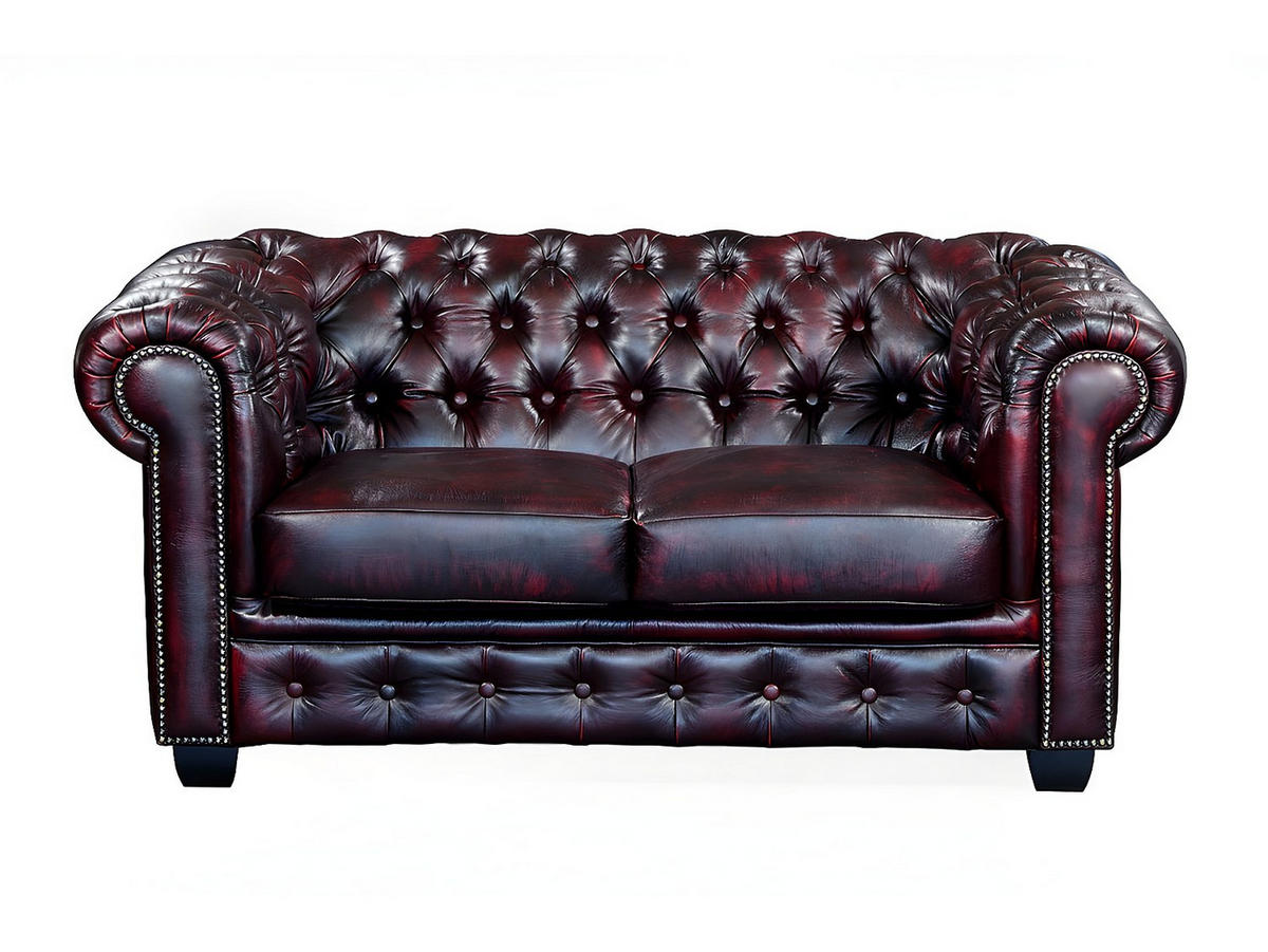 CHESTERFIELD Ledersofa 2-Sitzer - Büffelleder - Rotbraun - BRENTON - Bordeaux, Leder (160/73/96cm) - Vente-Unique