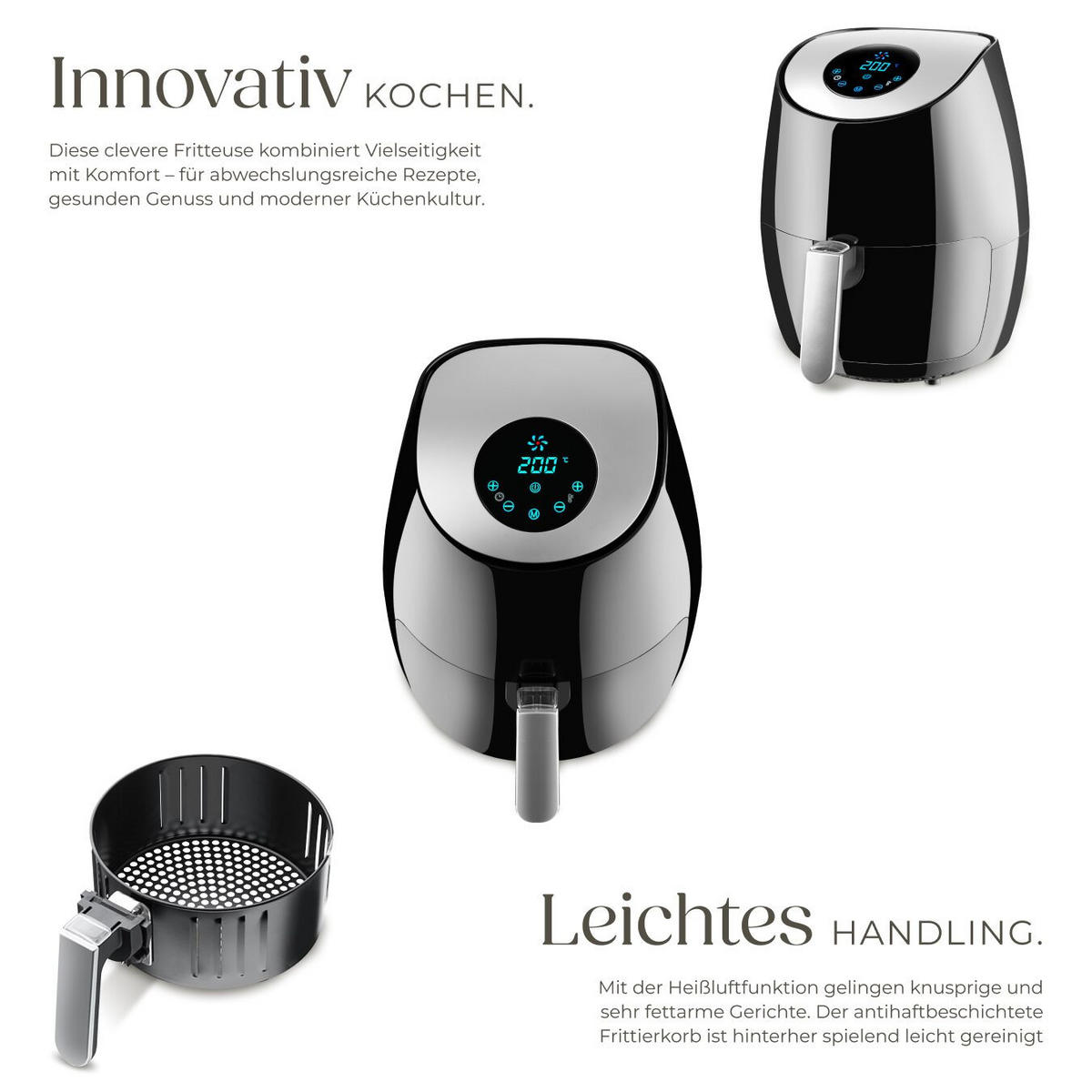 HEISSLUFTFRITTEUSE Mitch, inklusive Rezeptheft, schwarz - Schwarz, Metall (32/31.5/26cm) - tectake