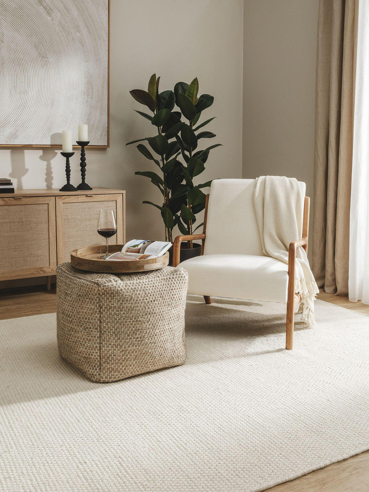 WOLL-POUF handgefertigt Rocco Taupe 45x45x45 cm - Taupe, Textil (45/45/45cm) - benuta Pure