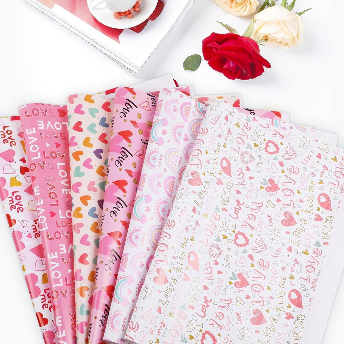 GESCHENKPAPIER-SET 6 Blätter 50 x 70 cm Love Thema mit Zubehör - Multicolor, Papier (50/0.1/70cm)